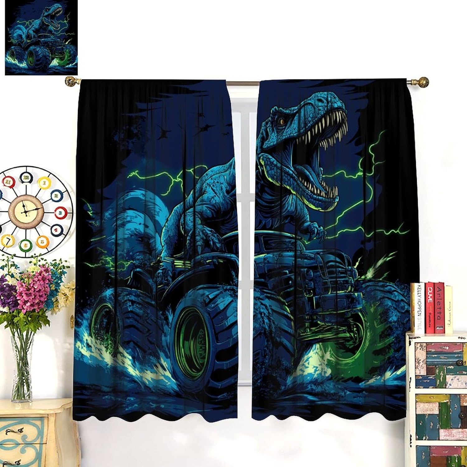 Dinosaur Animal Fantasy Blackout Curtains for Bedroom, Grommet Drapes Thermal Insulated Room Darkening Novelty Monster Truck Curtains, 21W x 45L, 2 Panels