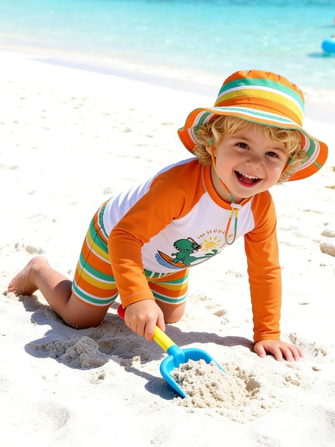 Toddler Baby Boys 3-Piece Swimsuit UPF 50+ Rashguard Trunk Sun Hat Set Long Sleeve Bathing Suit for Summer Beach