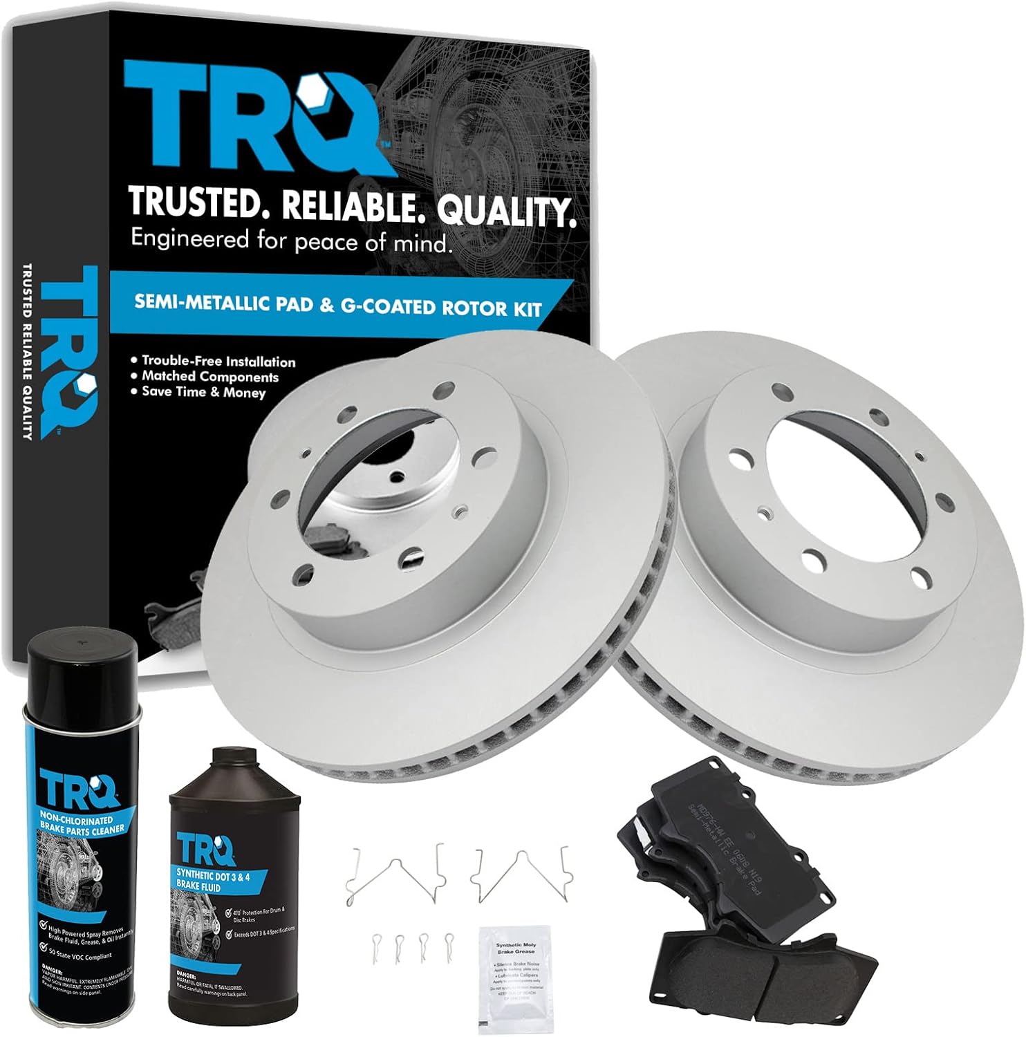 TRQ Front Brake Pad & Rotor Kit Brake Chemical Kit Brake Pads Brake Rotor Semi-Metallic Premium G-Coated Compatible with 2003-2009 Toyota 4Runner 2007-2014 FJ Cruiser 2005-2021 Tacoma