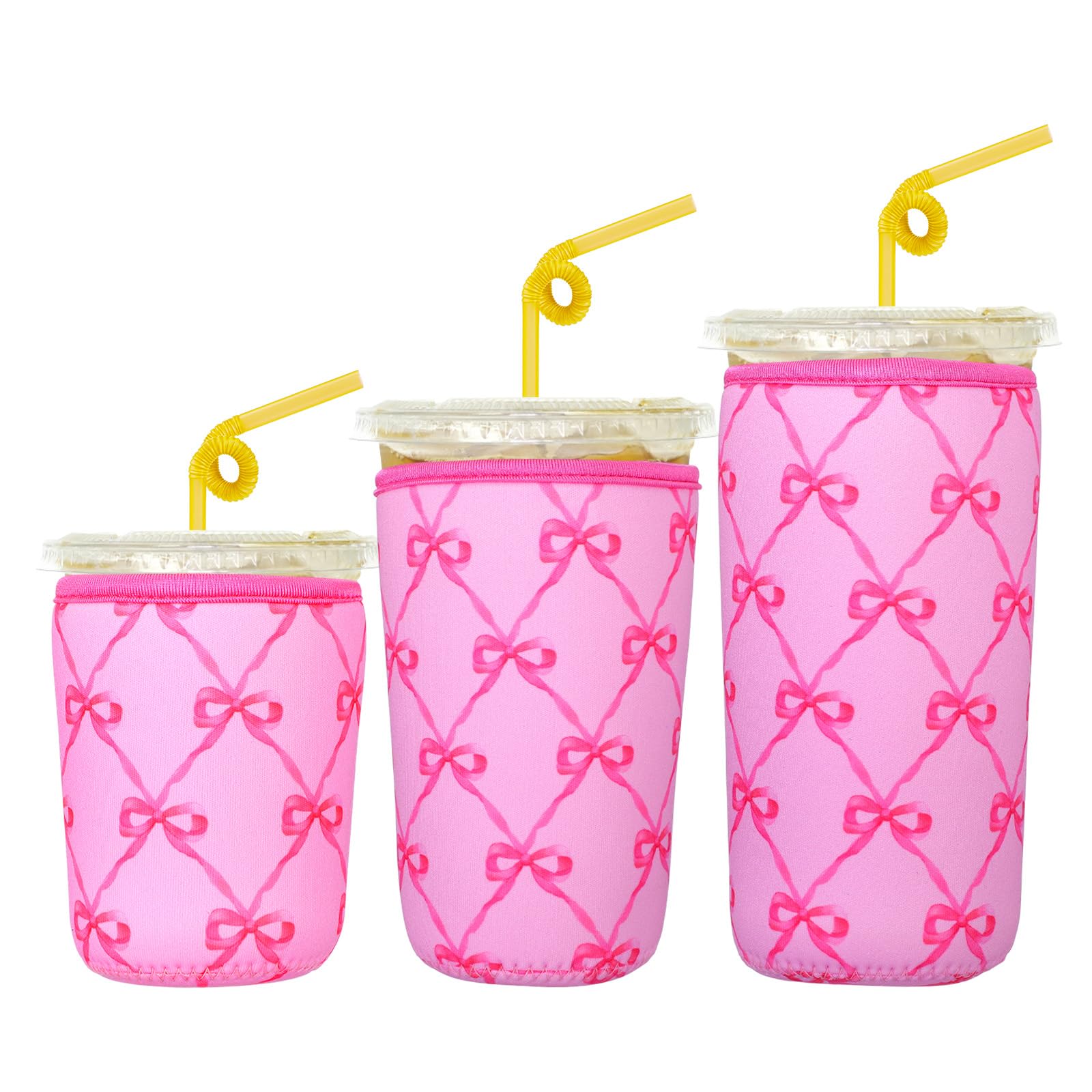 3Pcs Cup Sleeves for Cold Drinks Pink Bows Coffee Sleeve Durable Drink Sleeves for Iced Drinks Beverages Hot Drink (3 sizes)