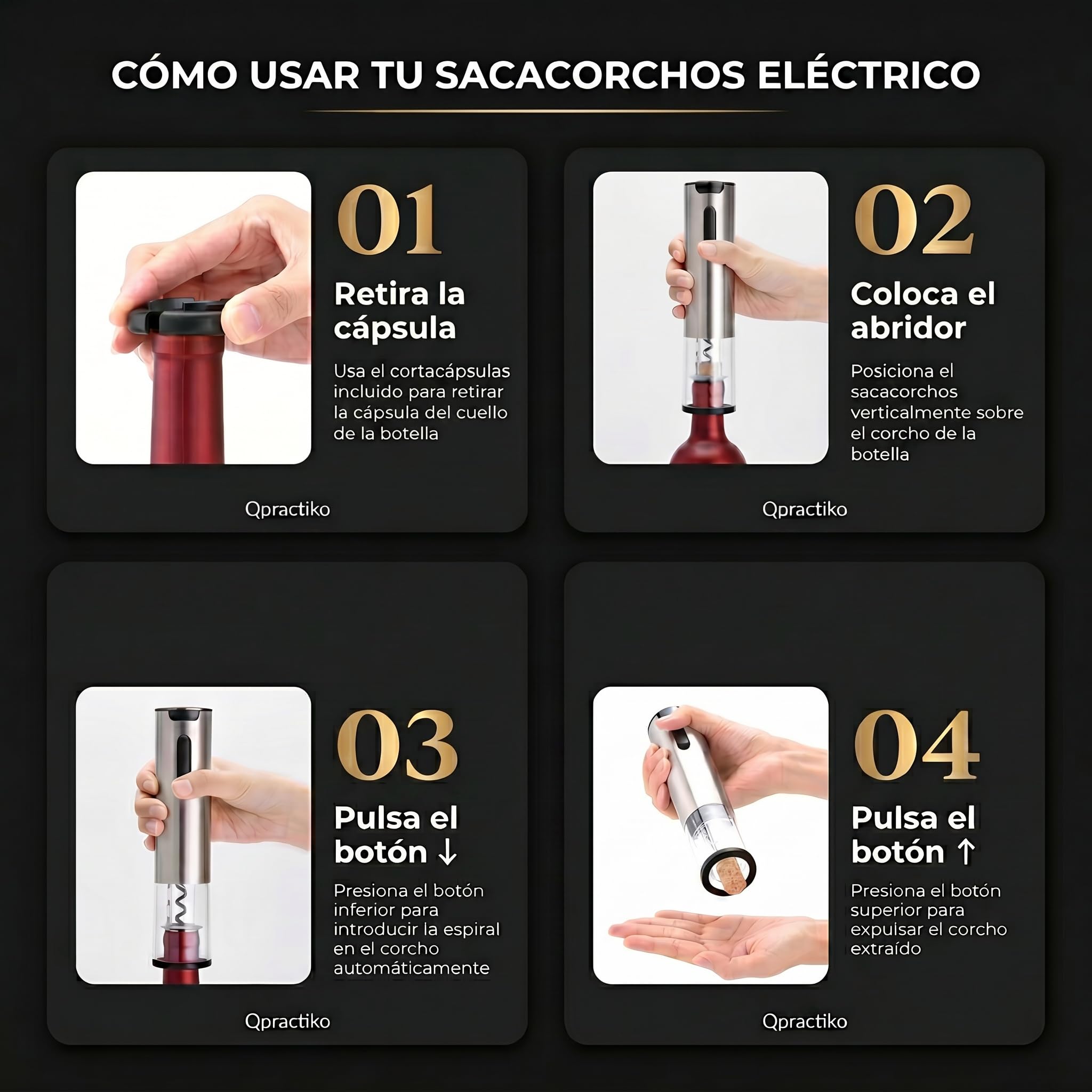 Tire-bouchon électrique rechargeable en acier inoxydable | LED, Chargeur USB, Coupe-capsules inclus, Batterie au lithium, Jusqu'à 70 bouteilles