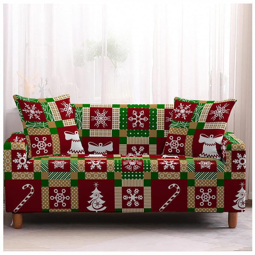Housse de canapé de Noël en tissu extensible imprimé vintage avec taie