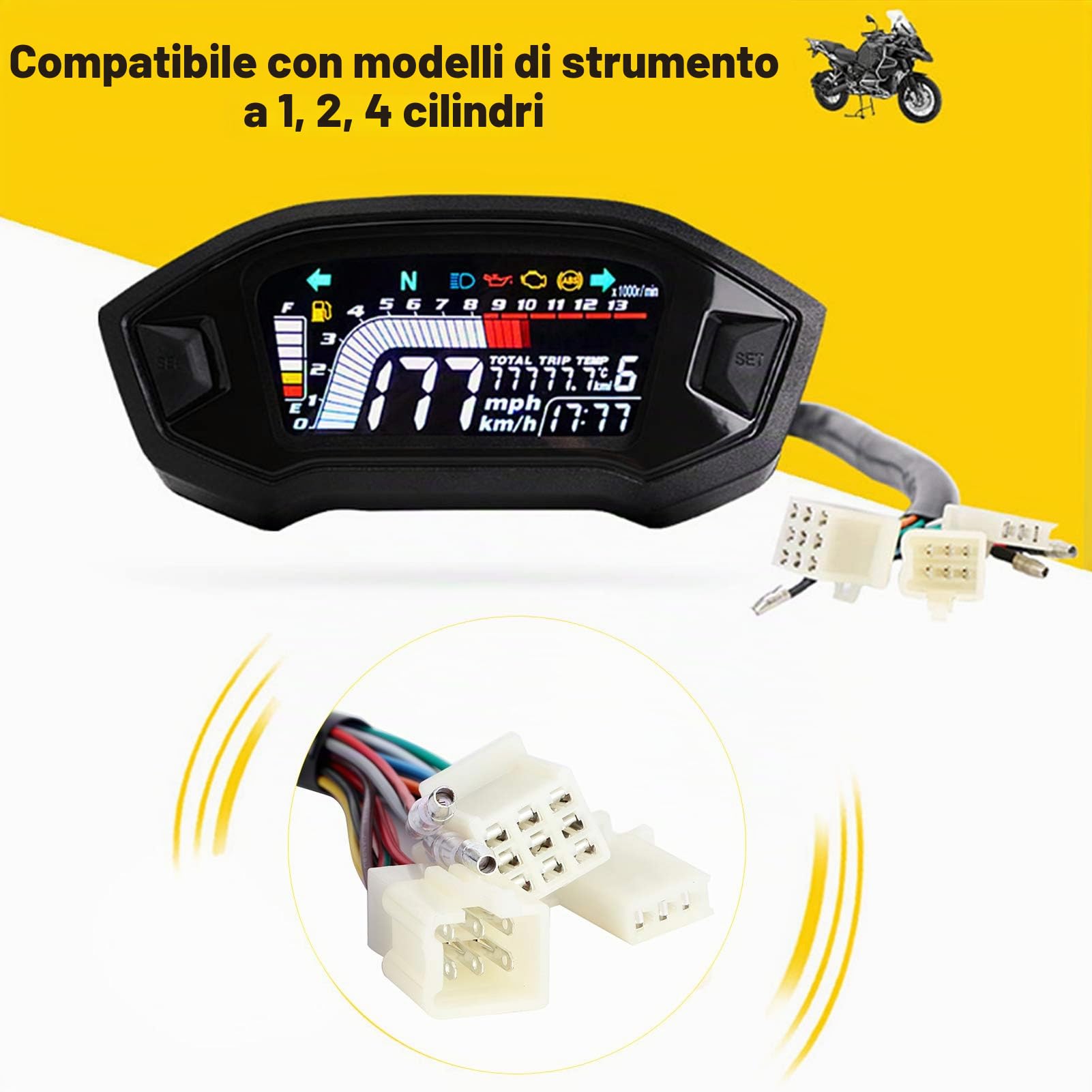 Fydun Strumento Moto, Odometer Motociclo Impermeabile, Strumento di Misurazione Velocità Motocicletta Universale, Display LCD, per Motociclette 1, 2, 4 Cilindri