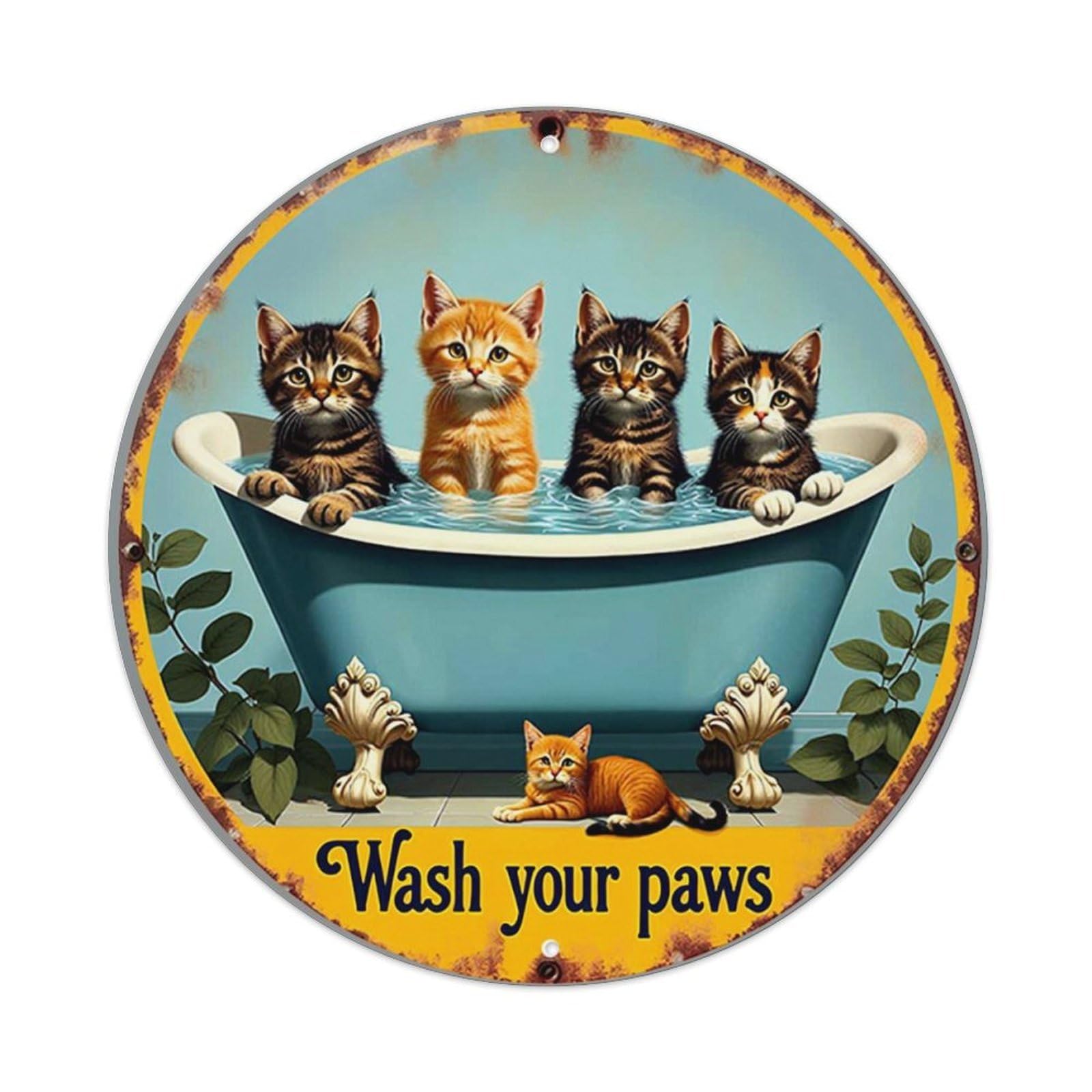 Cats In Bathtub With Paws Retro Metal Sign Round Tin Sign, Vintage Decor Art Poster for Bar, Home, Man Cave, Kitchen, Laundry Room Gift 8x8Inch