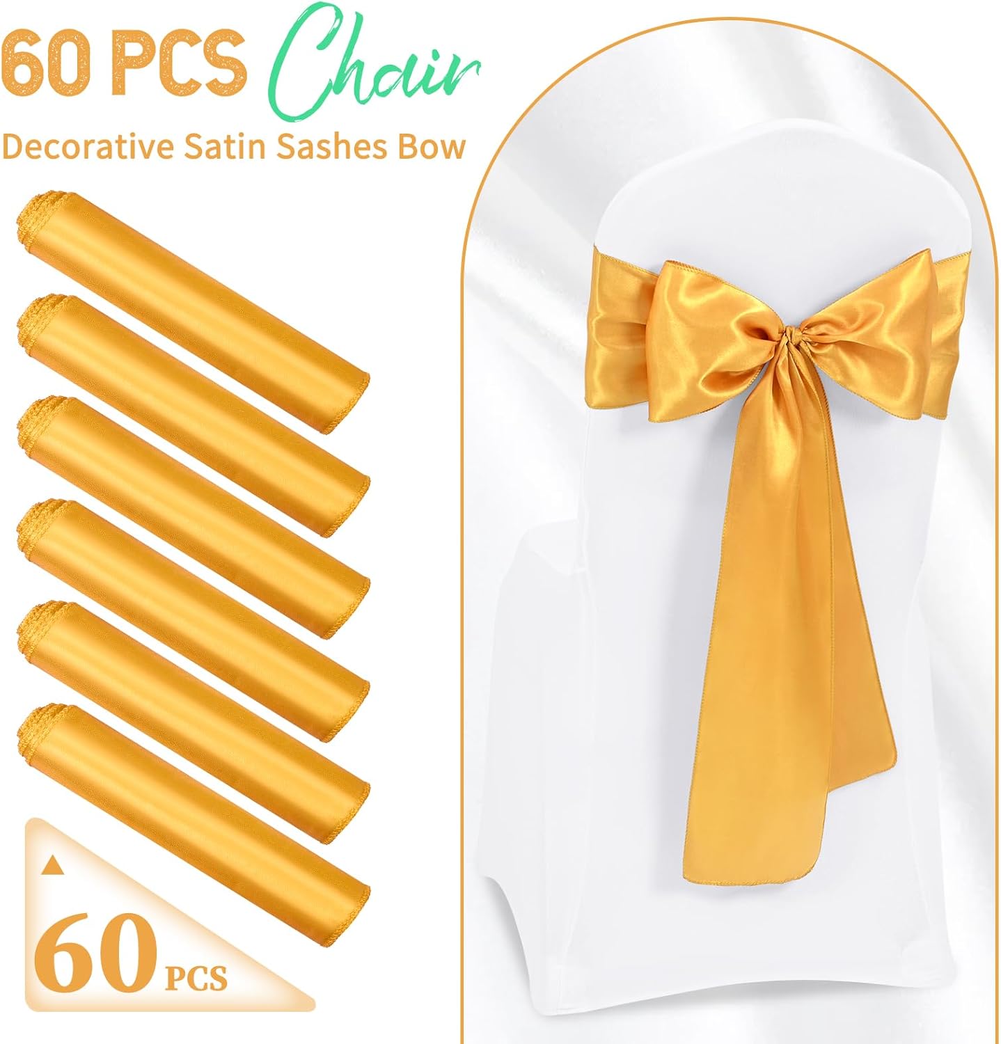 60 PCS Gold Satin Chair Sashes, Ties Bows Designed Chairs Decorative, Chair Cover Sashes for Thanksgiving Wedding Christmas Banquet Party Home Kitchen Decoration (7 x 108 inch)