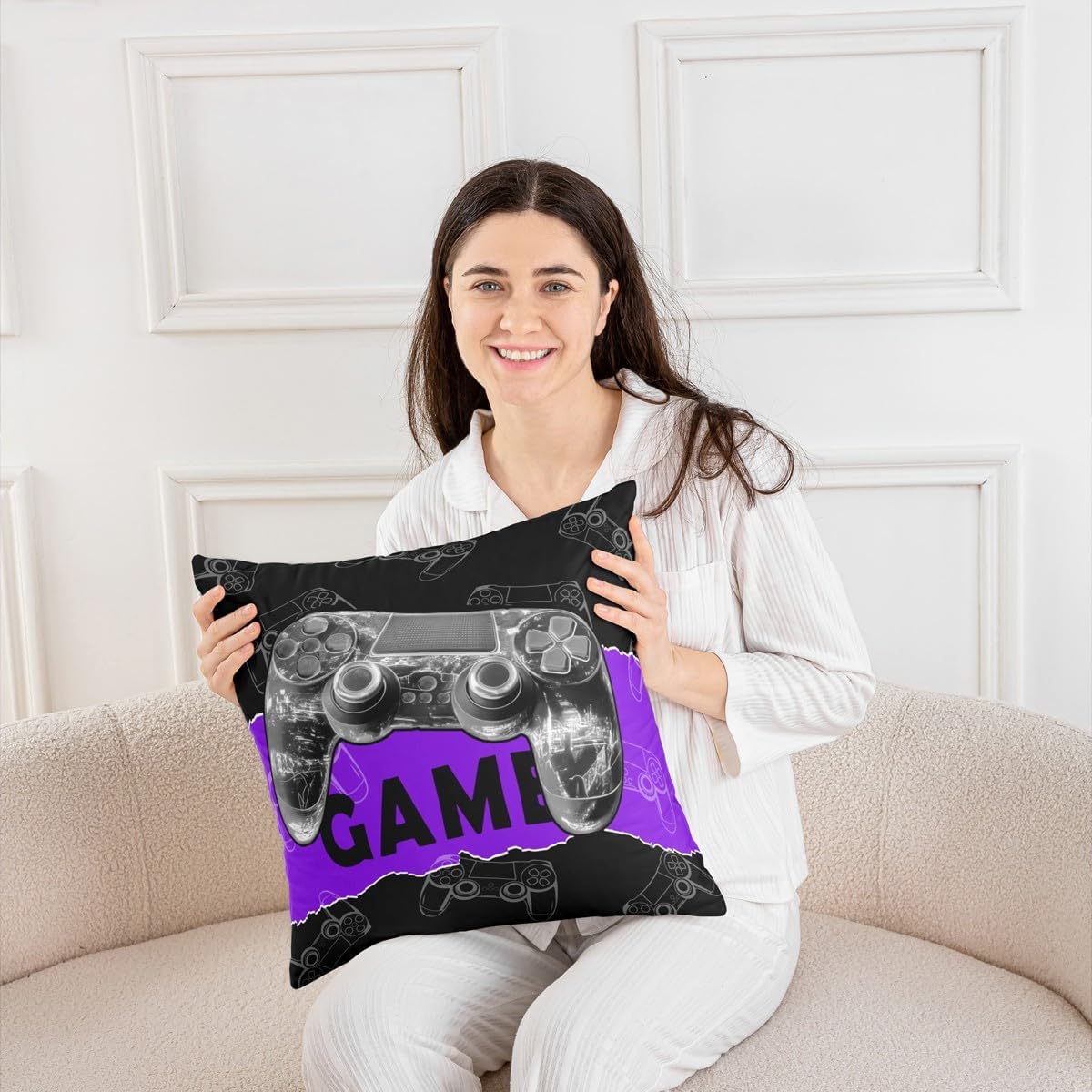 Boys Gaming Double Sides Print Pillow Covers,Cool Video Game Console Print Soft Square Cushion Cases 24"x 24",Gray 3D Gamepad Gamer Purple Black Throw Pillowcases for Living Room Decor Set of 2 image 4