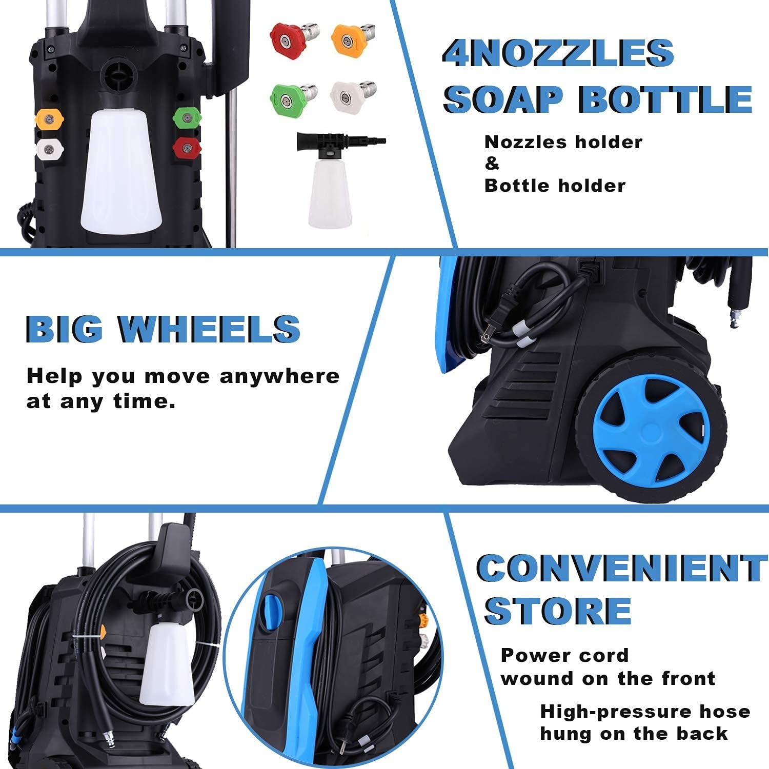 Electric Pressure Washer mrliance Power Washer 1600W High Pressure Washer Professional Car Washer with 4 Nozzles&Soap Bottle for Cleaning Cars Houses Driveways Fences Garden (Blue) : Patio, Lawn & Garden