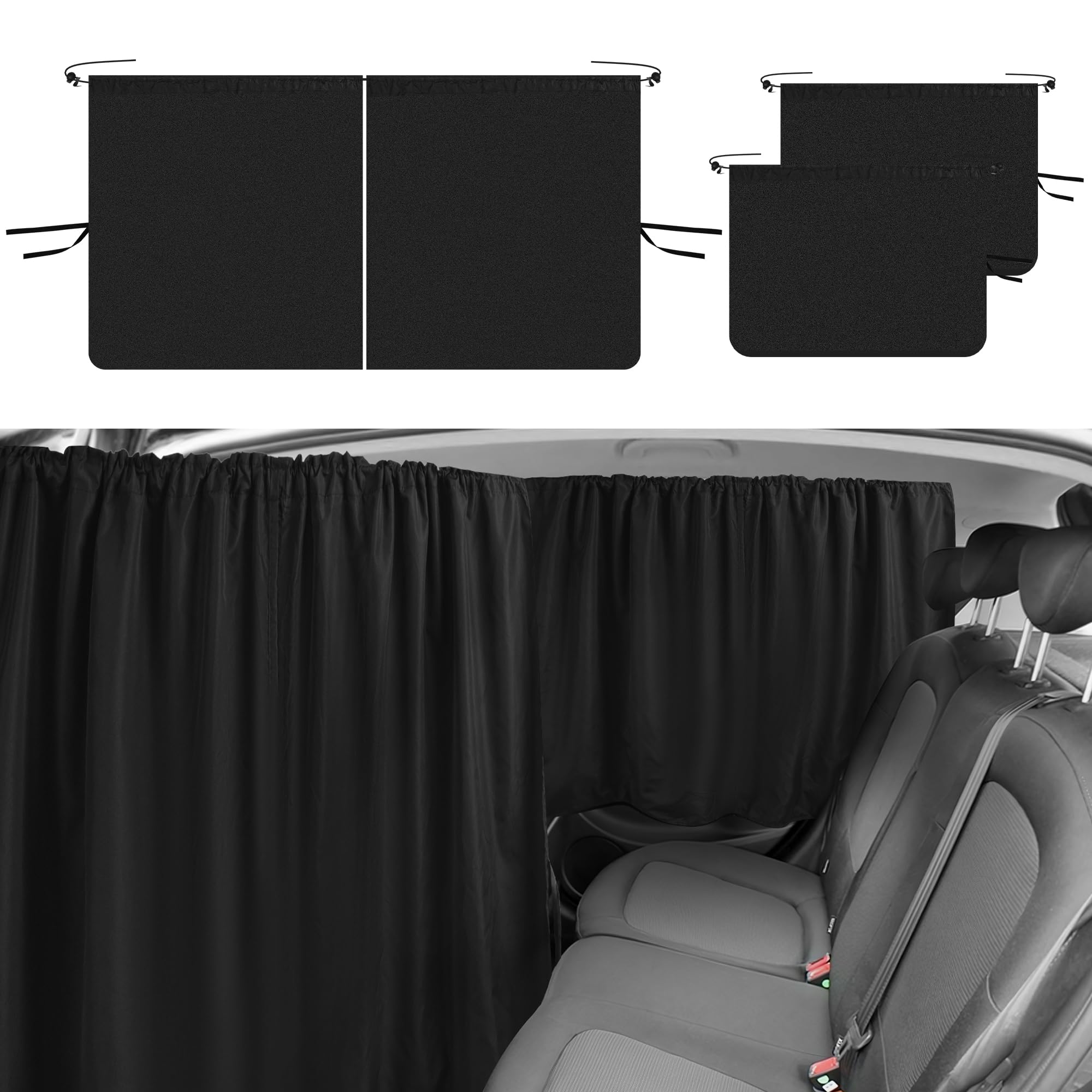 4 Pcs Double Layer Car Divider Curtains Sun Shade, 98% Light Blocking Car Privacy Window Shades, 1 Privacy Divider Curtains & 2 Side Window Covers for Sedan SUV Travel Sleeping