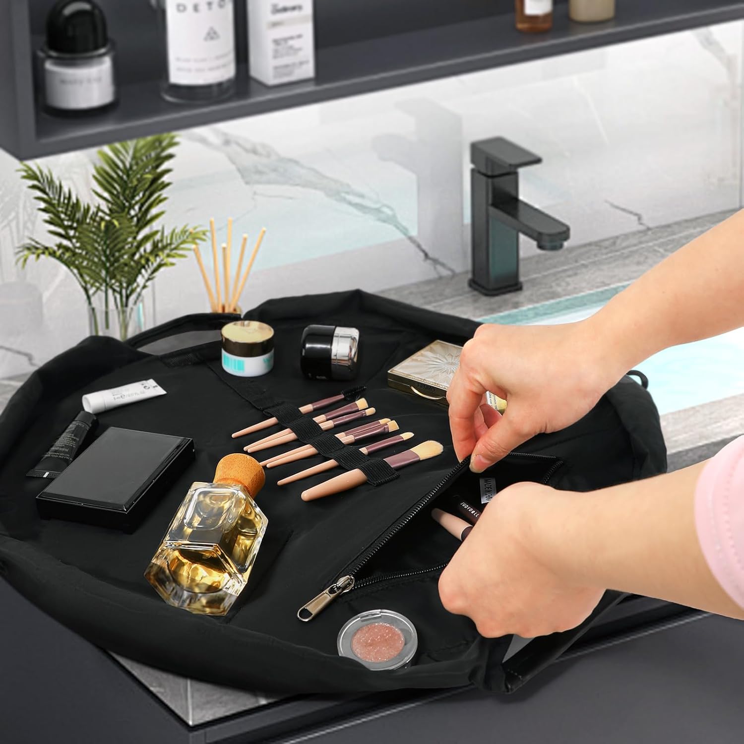 Vomgomfom 20 inch Drawstring Makeup Bag Open Flat,Waterproof Magic Cosmetic Pouch for Women (J-Wine Red) - Image 9