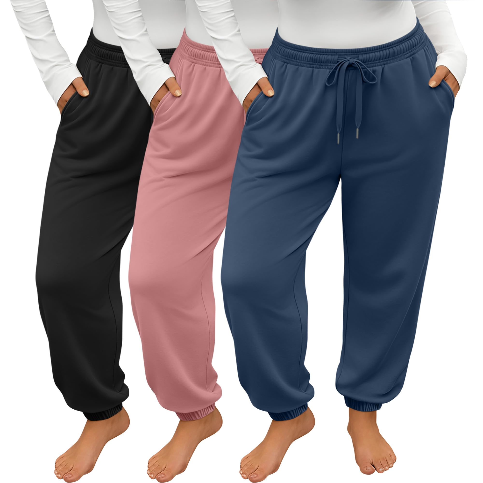 Evervibe 3 Pack Women's Plus Size Baggy Joggers Athletic Pants | Drawstring Loose Fit Sweatpants, Comfy Lounge Pants, Casual Pants with Pockets, Elastic Waist Pants, Soft Breathable Fabric