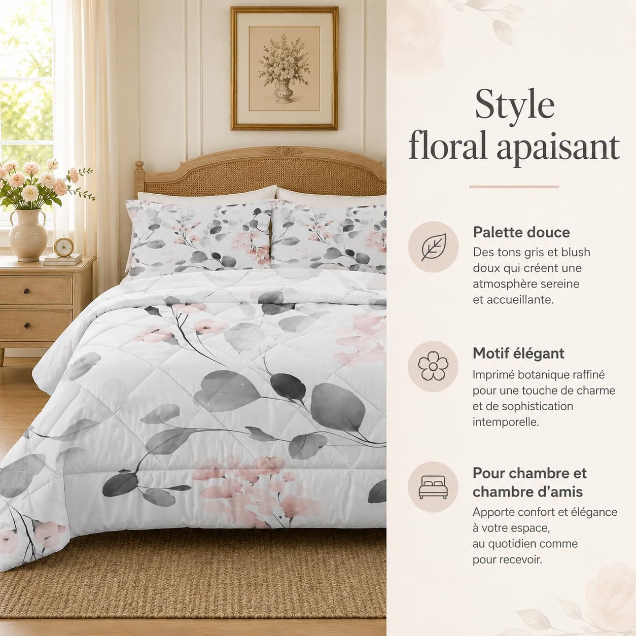 Couette 220x240 Imprimée Feuilles D'eucalyptus Couette 4 Saisons Gris Couette sans Housse Couette 2 Personnes en Microfibre, Couette Réversible Ultra Douce Lavable en Machine