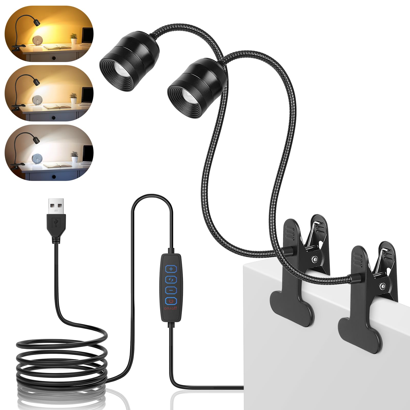 canvage Dimmable LED Clip Light for Bed Reading, 360° Flexible Gooseneck Clamp Lamp with 3 Color Modes & 10 Brightness Levels, USB Powered Book Light for Headboard, Desk, Dorm & Study