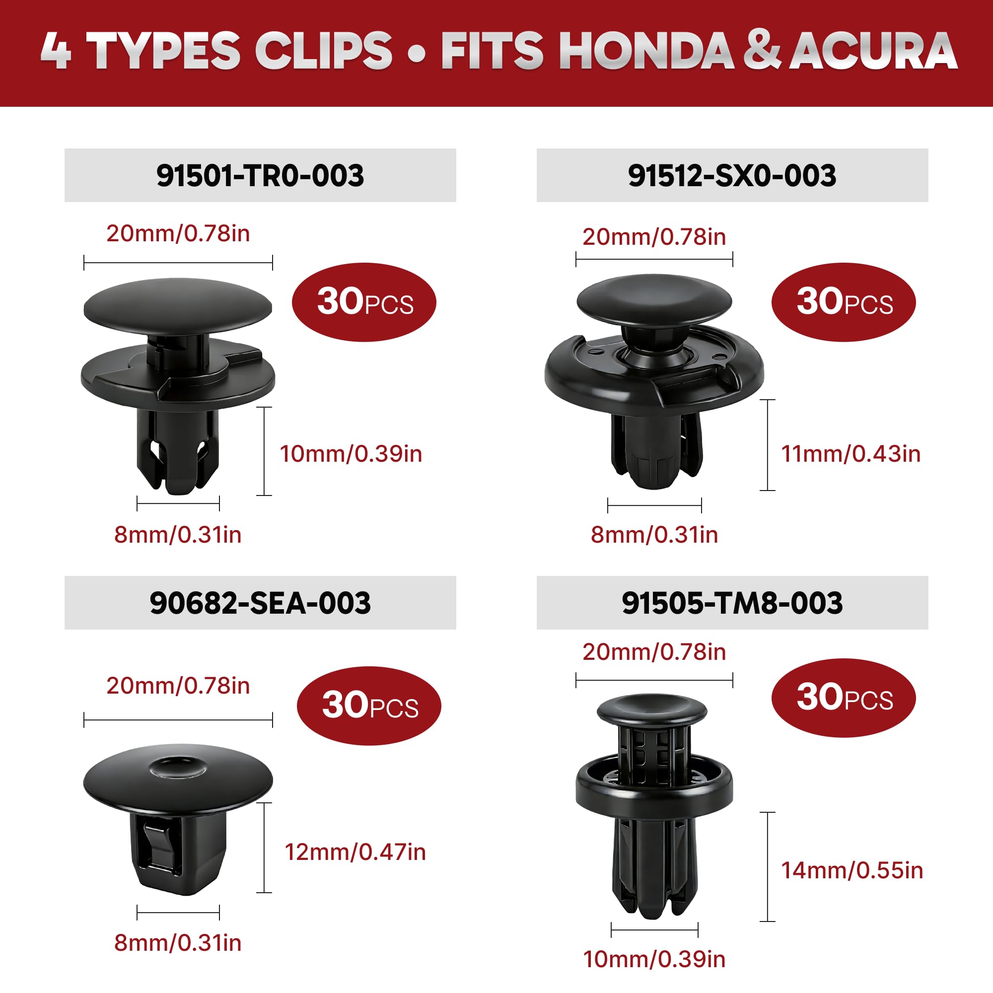 100-Pack 8mm Push Type Retainer Clips – Honda Civic Accord Acura Integra RSX Fender Liner Splash Shield