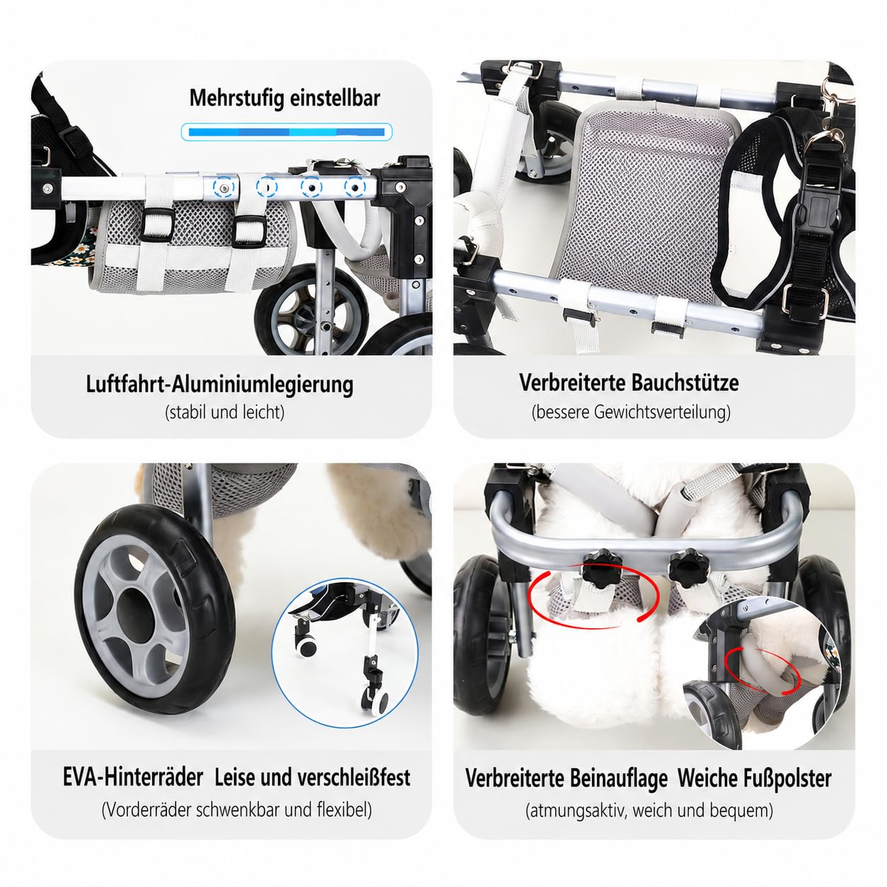 Verstellbarer 4-Rad-Hunderollstuhl Für Vorder- Und Hinterbeine – Leichte Mobilitätshilfe Für Verletzte, Behinderte Oder Ältere Hunde – Passend Für Kleine Bis Große Rassen(4wheel,L)