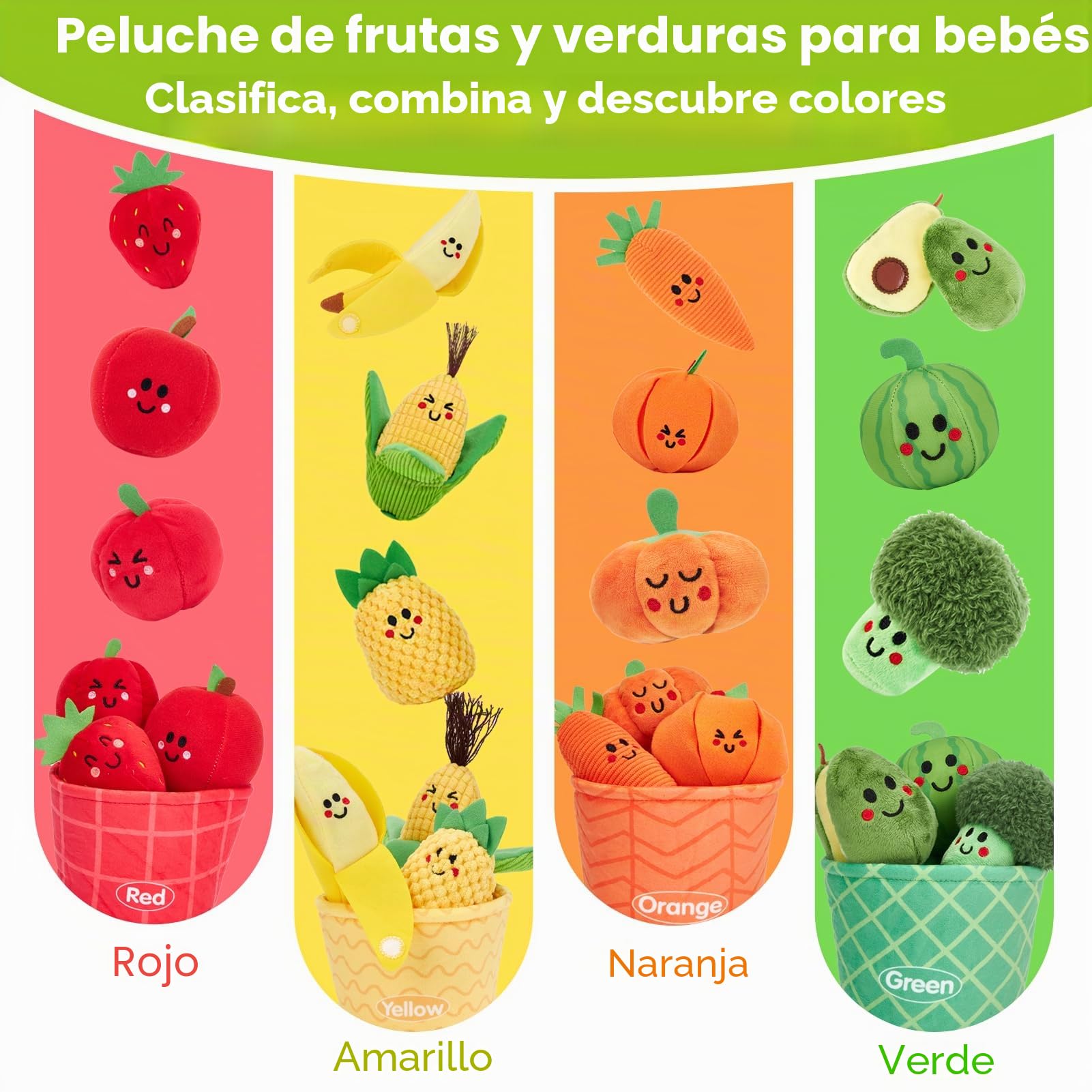 hahaland Peluches de Frutas y Verduras, Juguetes Bebes 6-12 Meses con Sonajas y Cesta y Bolsa-Oruga, Juguetes Montessori Educativos para Bebé 9 12 18 Meses, Regalo Juguetes Niños 1 Año