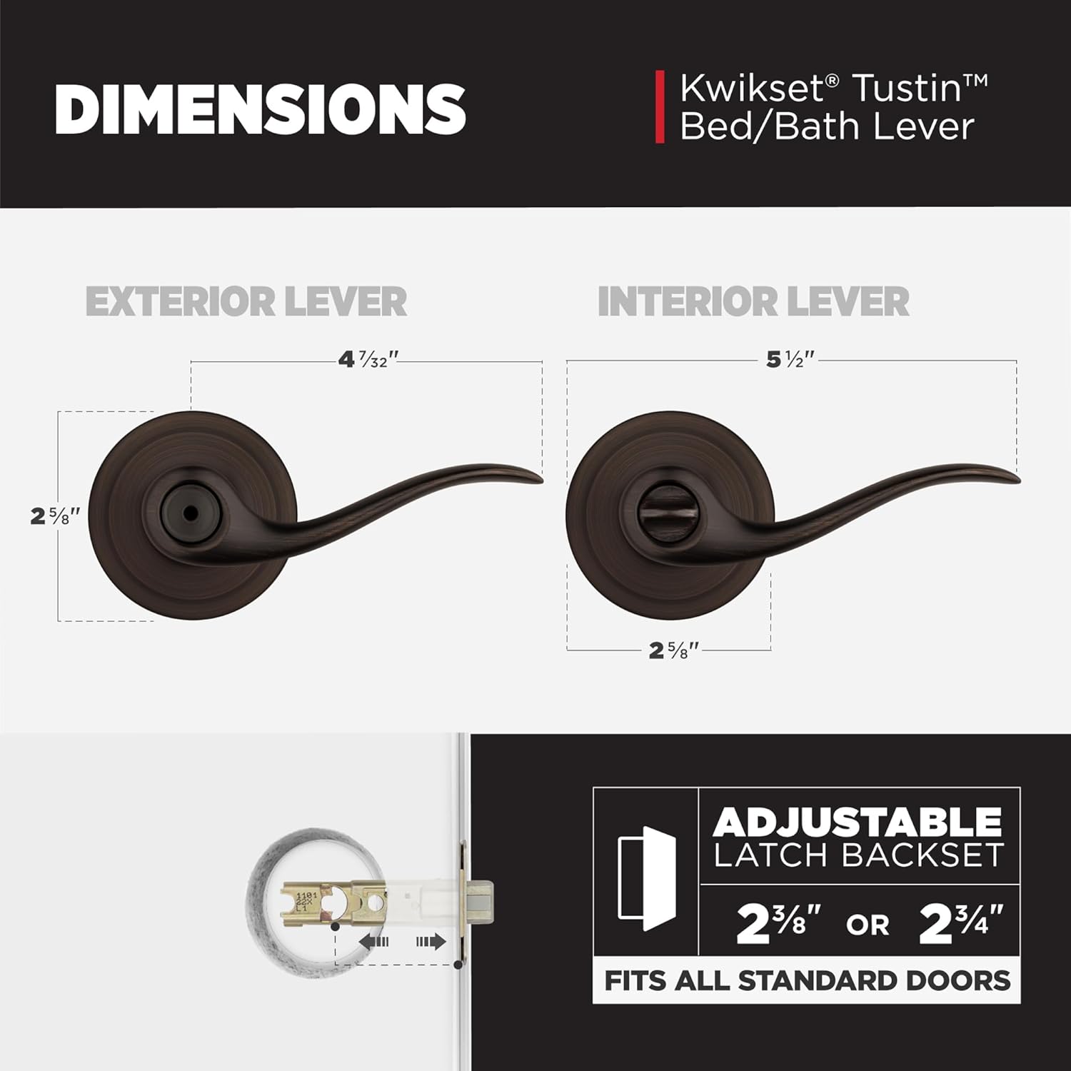 Kwikset Tustin Interior Privacy Door Handle with Lock, Metal, Door Lever For Bathroom and Bedroom, Venetian Bronze Reversible Keyless Turn Lock, with Microban Protection