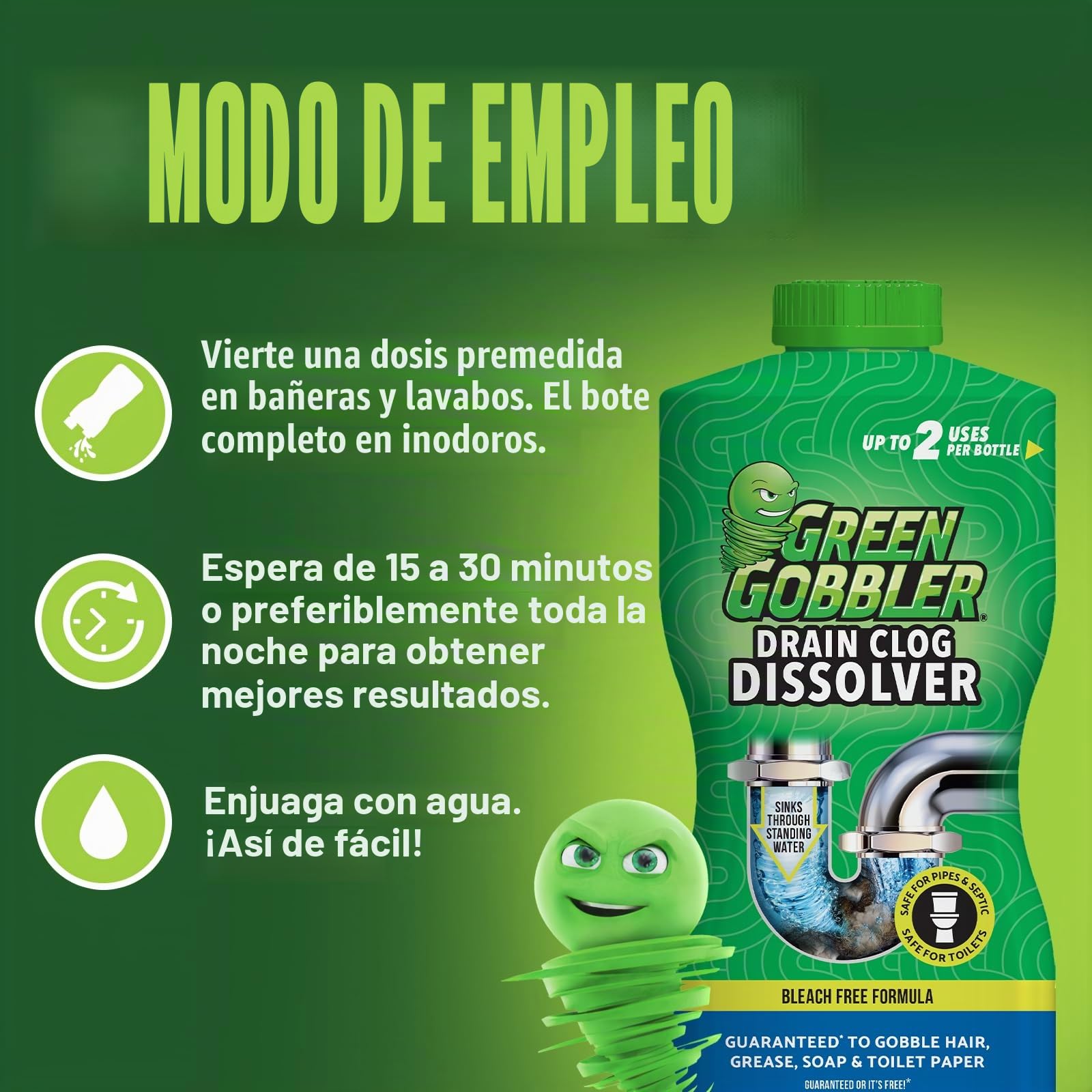 Green Gobbler GGDIS2CH32 Dissolve Líquido de Pelo y Grasa Clog Remover/limpiadores de desagües abrelatas/Drenaje (31 oz.) 32 oz Colorless