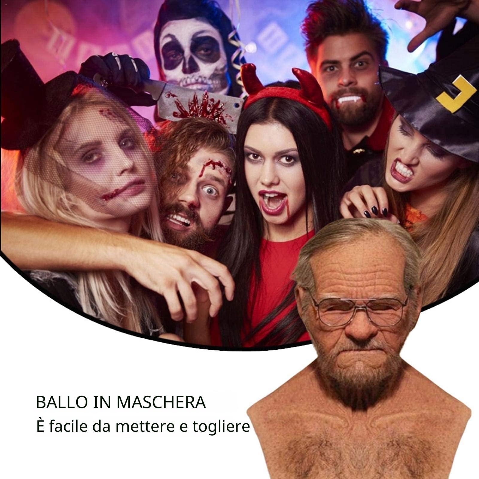 Vecchio uomo realistico, lattice, raccapricciante, vecchio, maschera piena, maschera umana, stile cosplay, Halloween, maschera per adulti, divertente, costume, maschera