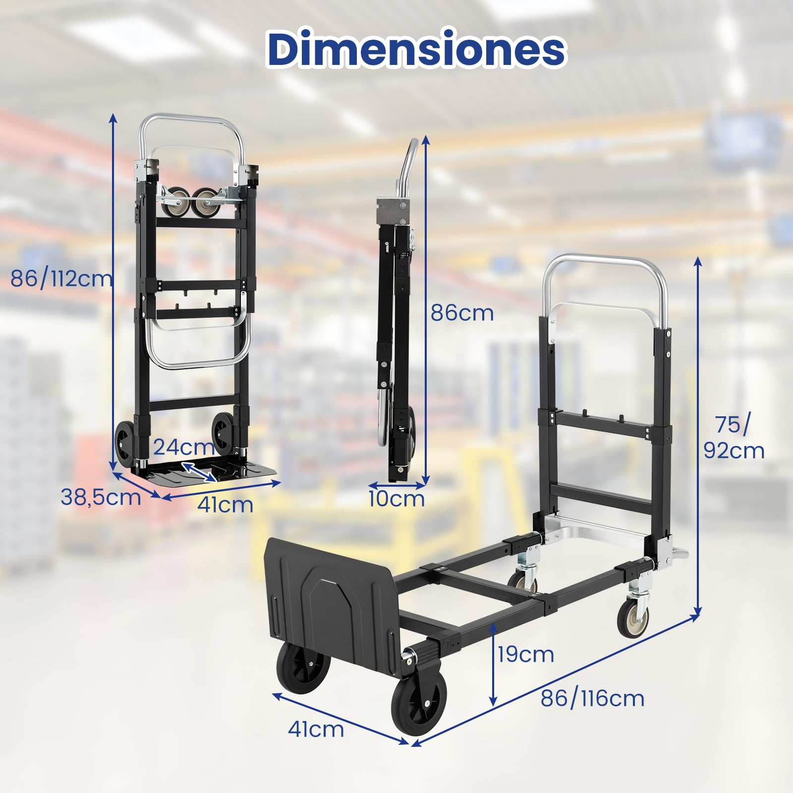 GOPLUS Carretilla 2 en 1 Plegable con Asa Retráctil | Carro de Transporte con Ruedas, Longitud Ajustable, para Mudanzas, Almacén y Mercancías, Capacidad 272 kg