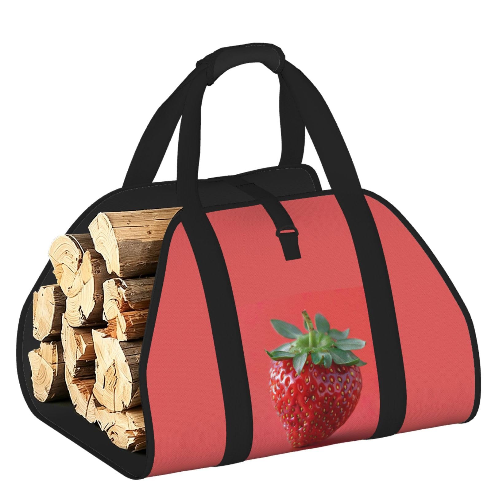 Pphgut Black Strawberry Print Firewood Bag Wood Carrier Transport Sack Camping Picnic Storage Daily Home