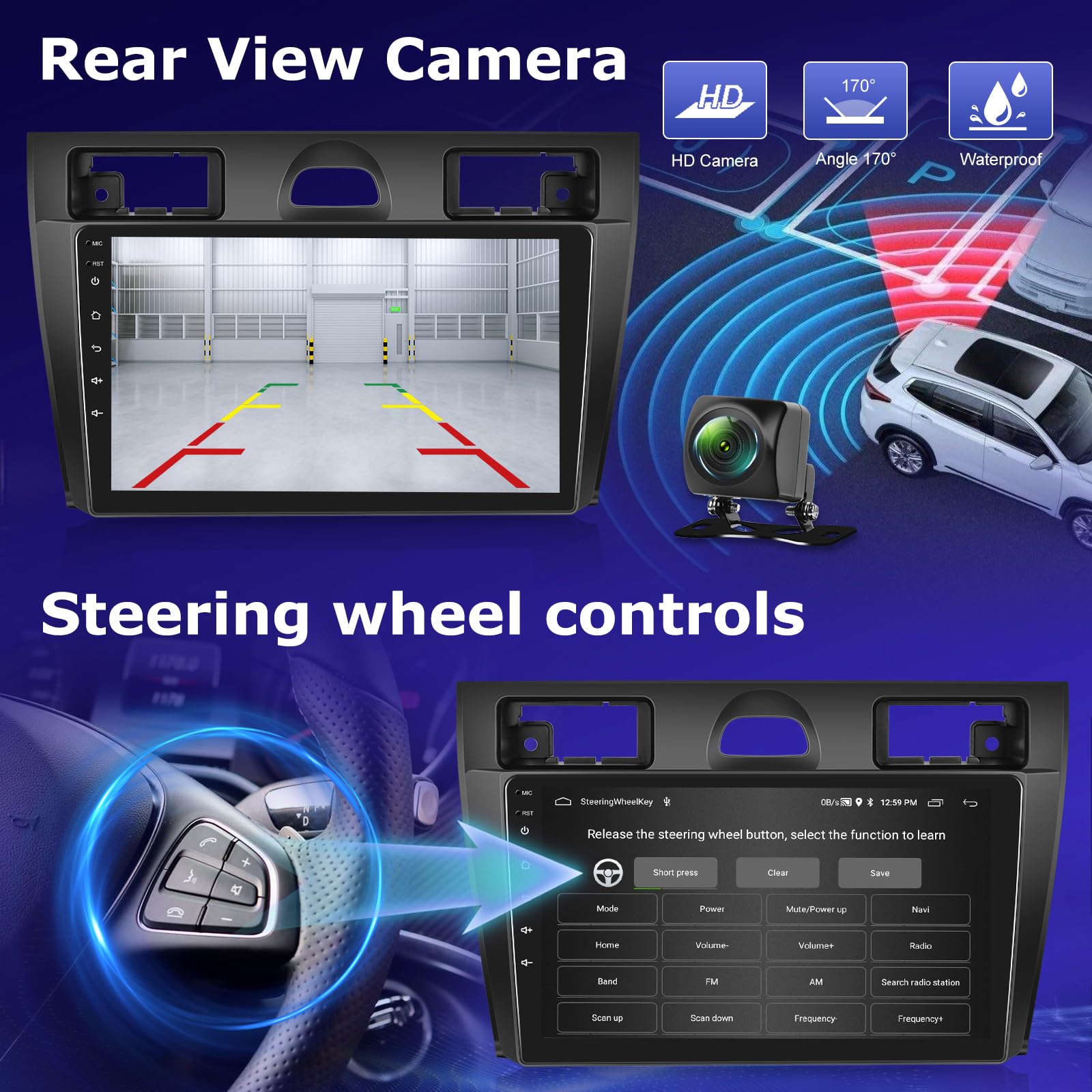 Autoradio per Ford Fiesta 2002-2008 con Wireless Carplay e Android Auto | 2G+64G Android 13 9 Pollici Touchscreen Radio con WiFi/GPS/FM RDS/Bluetooth+AHD Retrocamera