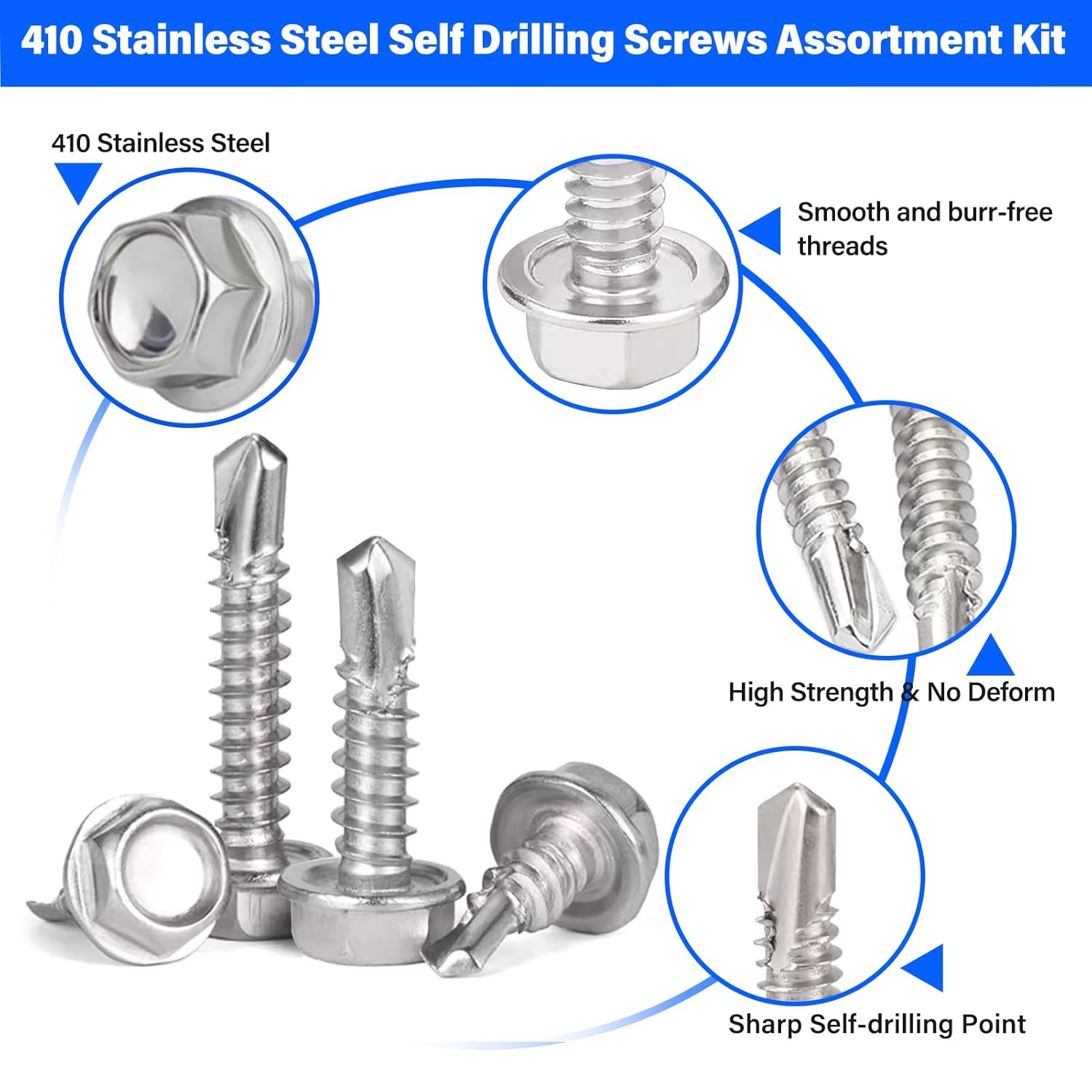 450PCS Self Tapping Screws for Metal, 410 Stainless Steel Self Drilling Screws #8#10 Hex Head Sheet Metal Screws Assortment Kits, Length 1/2"" to 1-1/4'' (Silver)