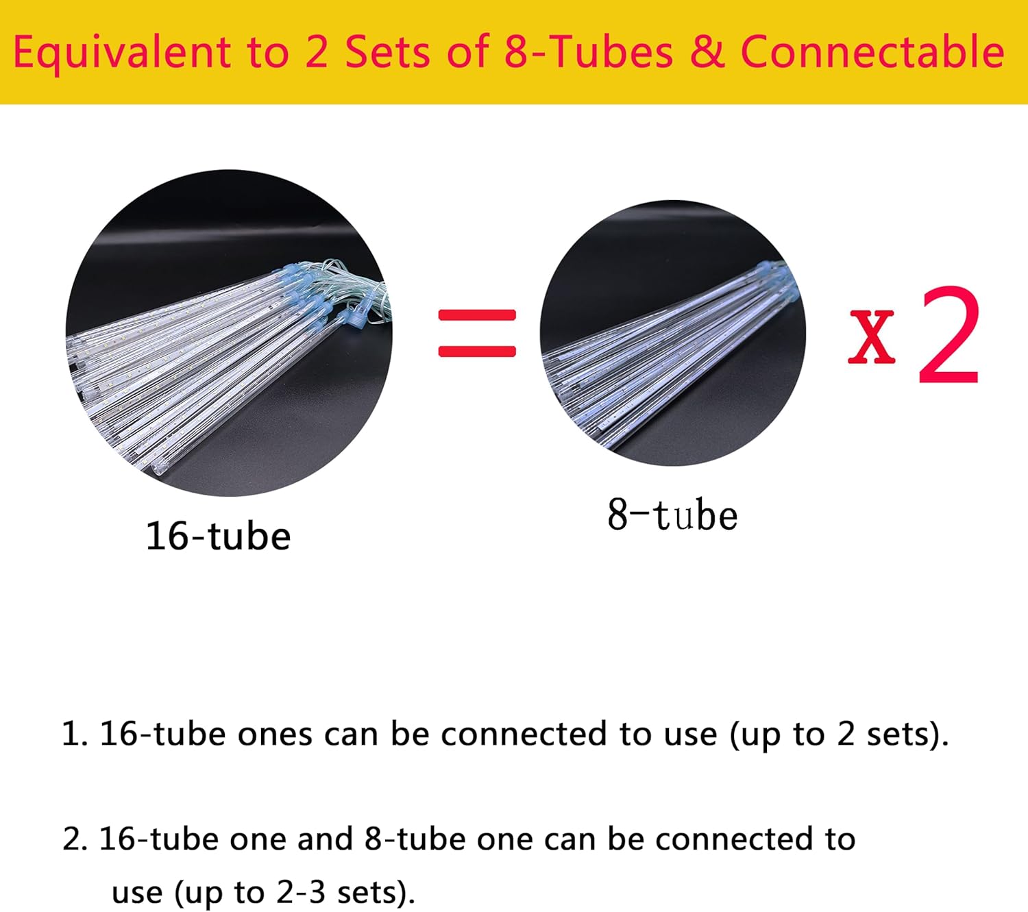 Kwaiffeo Warm White Icicle Lights Outdoor, 16-Tube Meteor Shower Lights for Christmas Thanksgiving New Year Party Yard Wedding Decor, Equivalent to 2 Sets of 8-Tubes