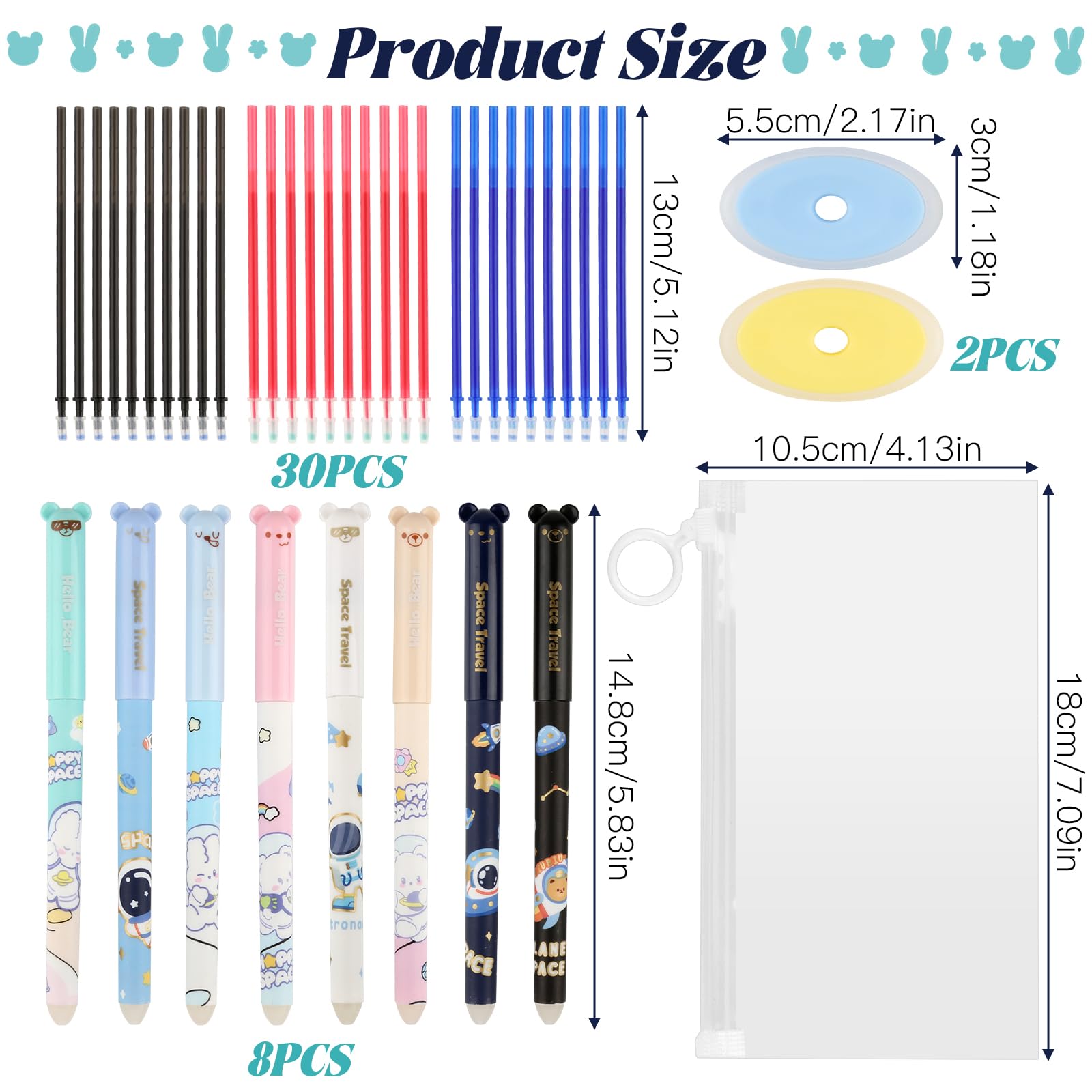 JIANGZHIB Erasable Ballpoint Pen, Pack of 8 Gel Pens Ballpoint Pens, Gel Pen with 30 Refills and 2 Erasers - Image 2