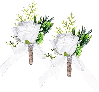 2 PCS White Rose Boutonniere for Men Artificial Prom Boutonniere Groom Boutonnieres for Wedding Anniversary Ceremony Prom Flower