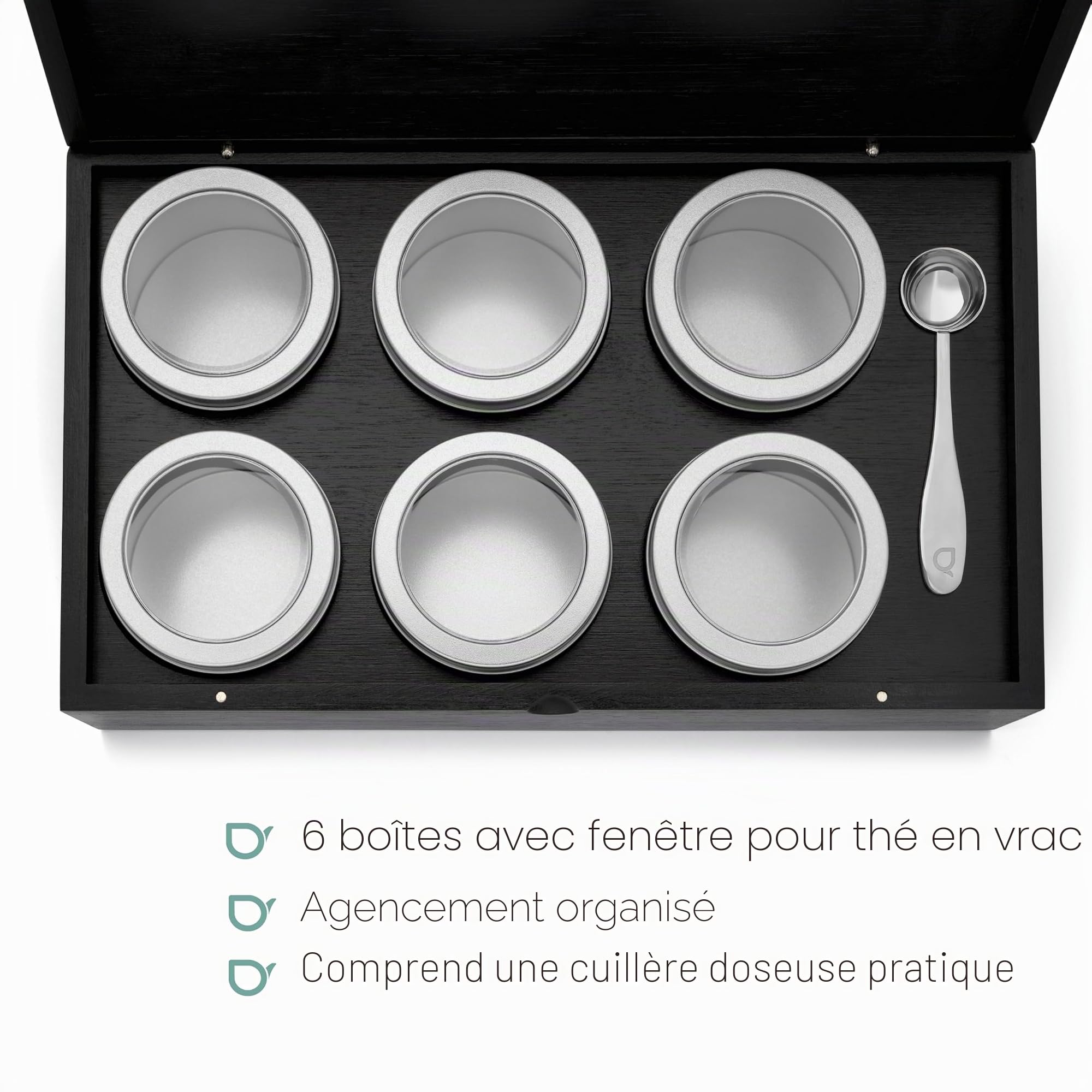 Bredemeijer - Boîte à thé avec 6 boîtes rondes - Noir - Avec cuillère doseuse
