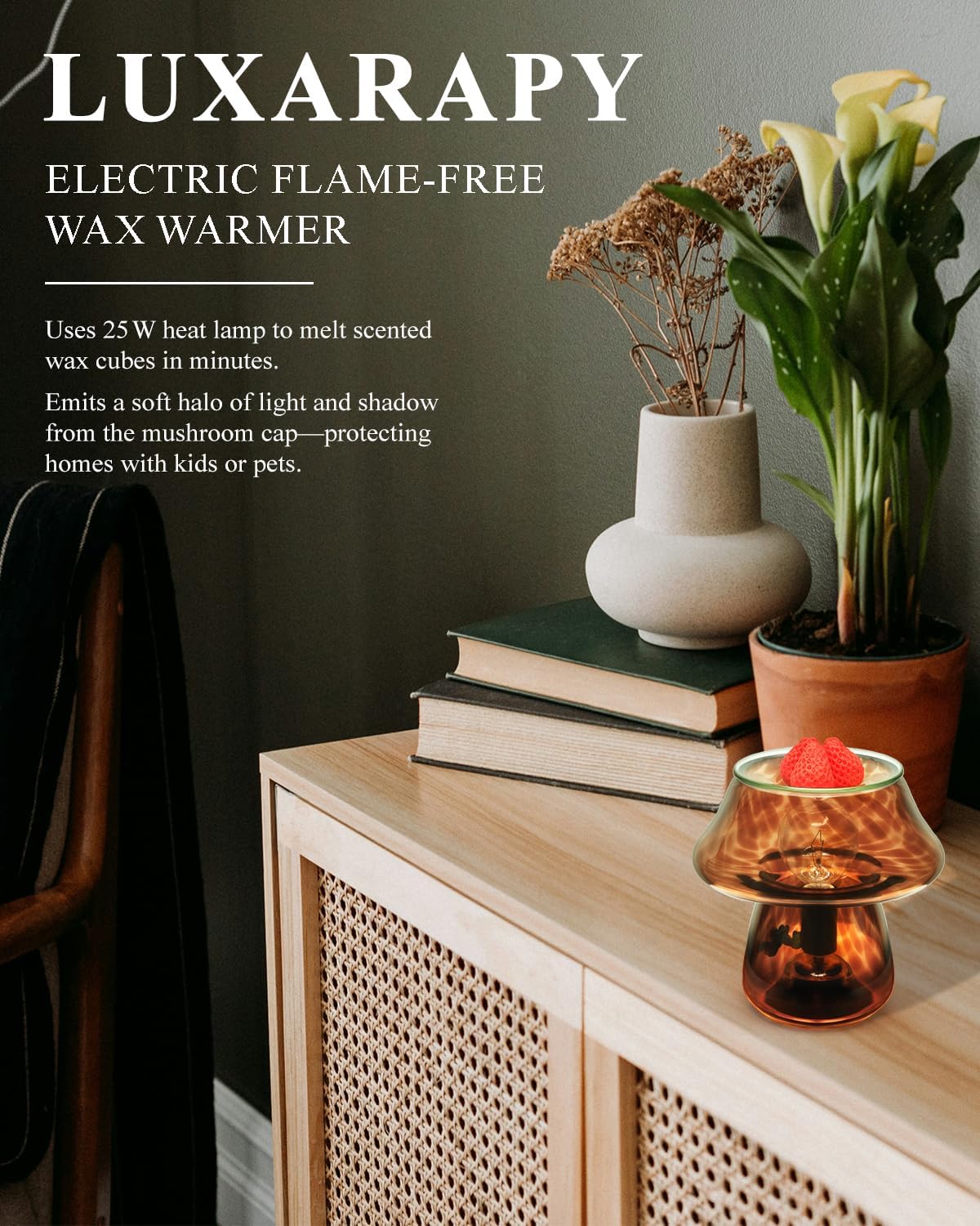 Mushroom Desk Lamp - Small Vintage Table Lamp for Bedroom, Office, Bedside, Nightstand | Translucent Glass, Boho Aesthetic Western Home Decor for Living Room & Kitchen (Without Wax Cubes)