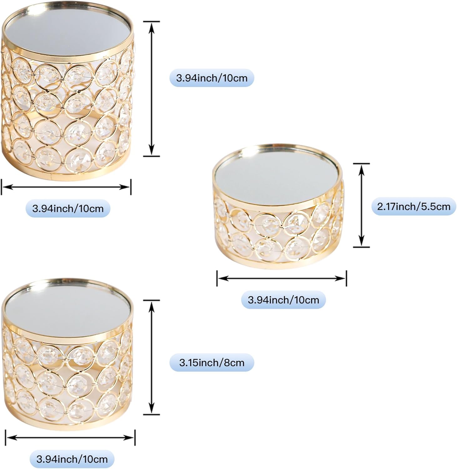 Feyarl 3 Pcs Crystal Display Stands Round Mirrored Risers Decorative Jewelry Perfume Stand Cupcake Figurine Collectible Display Holder for Vanity Table Wedding Home Décor (Gold)