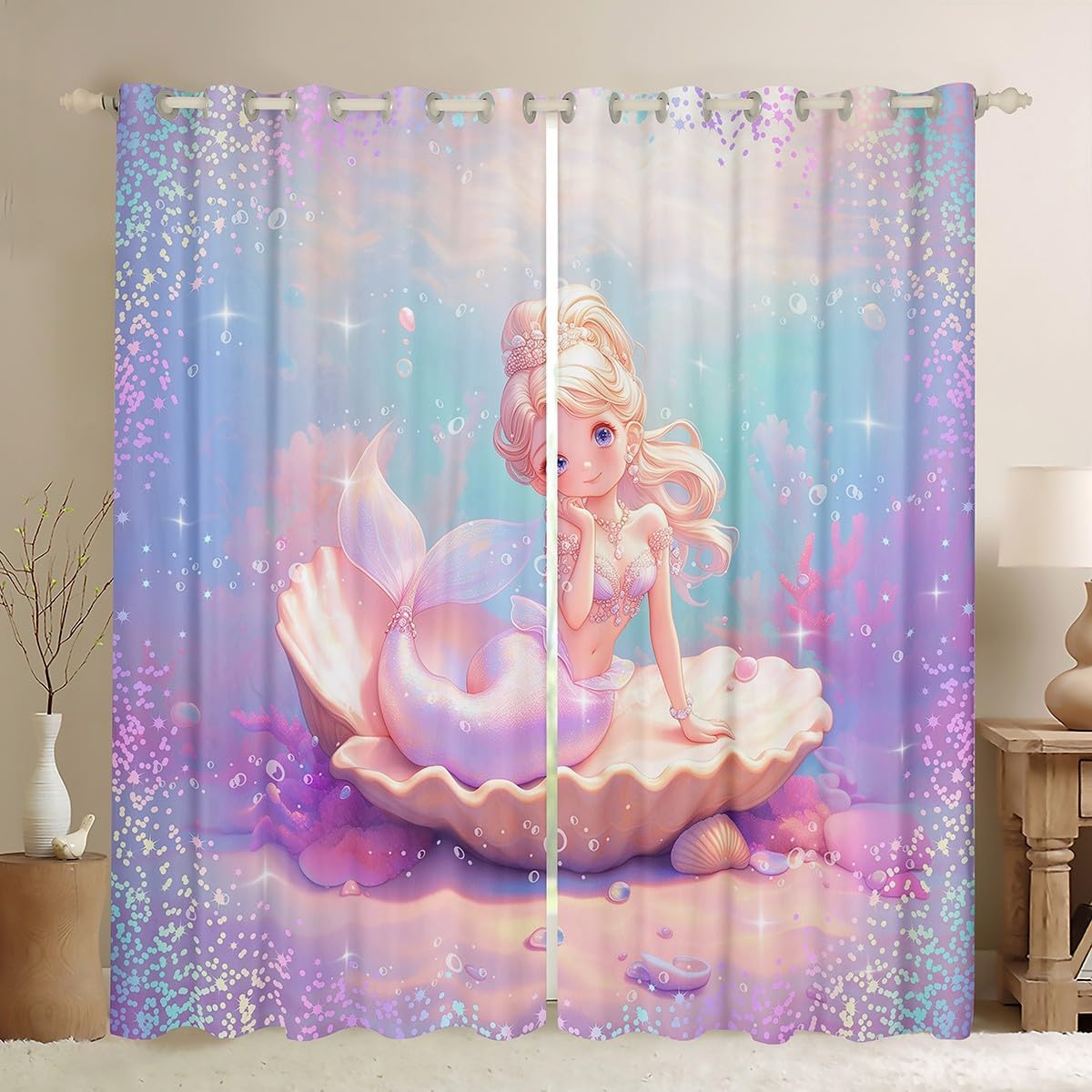 Manfei Mermaid Princess Kids Blackout Curtain,Moonnight Glitter Stars Romantic Window Drapes for Girls Women,Underwater World Marine Life Blue Window Treatments Grommet Top 2 Panel Set,38Wx45L inch