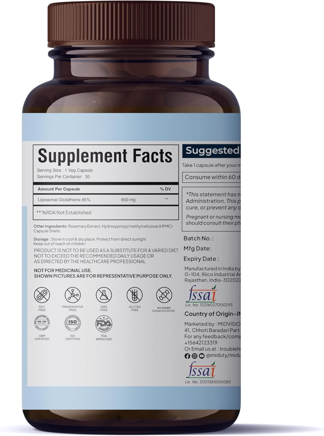 Miduty by Palak Notes Liposomal Glutathione 85% - Most Bioavailable Form - Antioxidant - 650 mg Capsule - 30 Caps