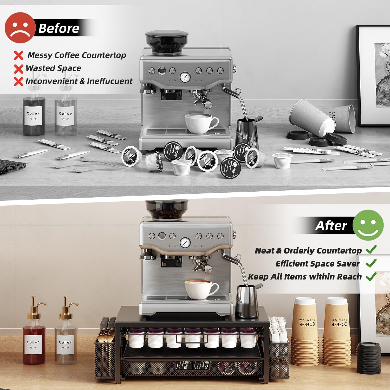 Metal Coffee Pod Holder for 80 Capsules with Storage Drawer & 2 Accessory Holders,2 Tier K Cup Holder Organizer for Countertop,Black