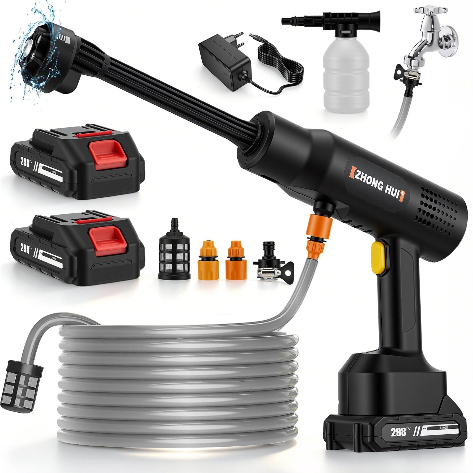 Limpiador de alta presión con batería con boquilla multifunción 6 en 1, 2 baterías de 6,0 Ah, 240 l/h, manguera de 5 m, limpiador de alta presión portátil para lavado de coches, ventanas, jardín y