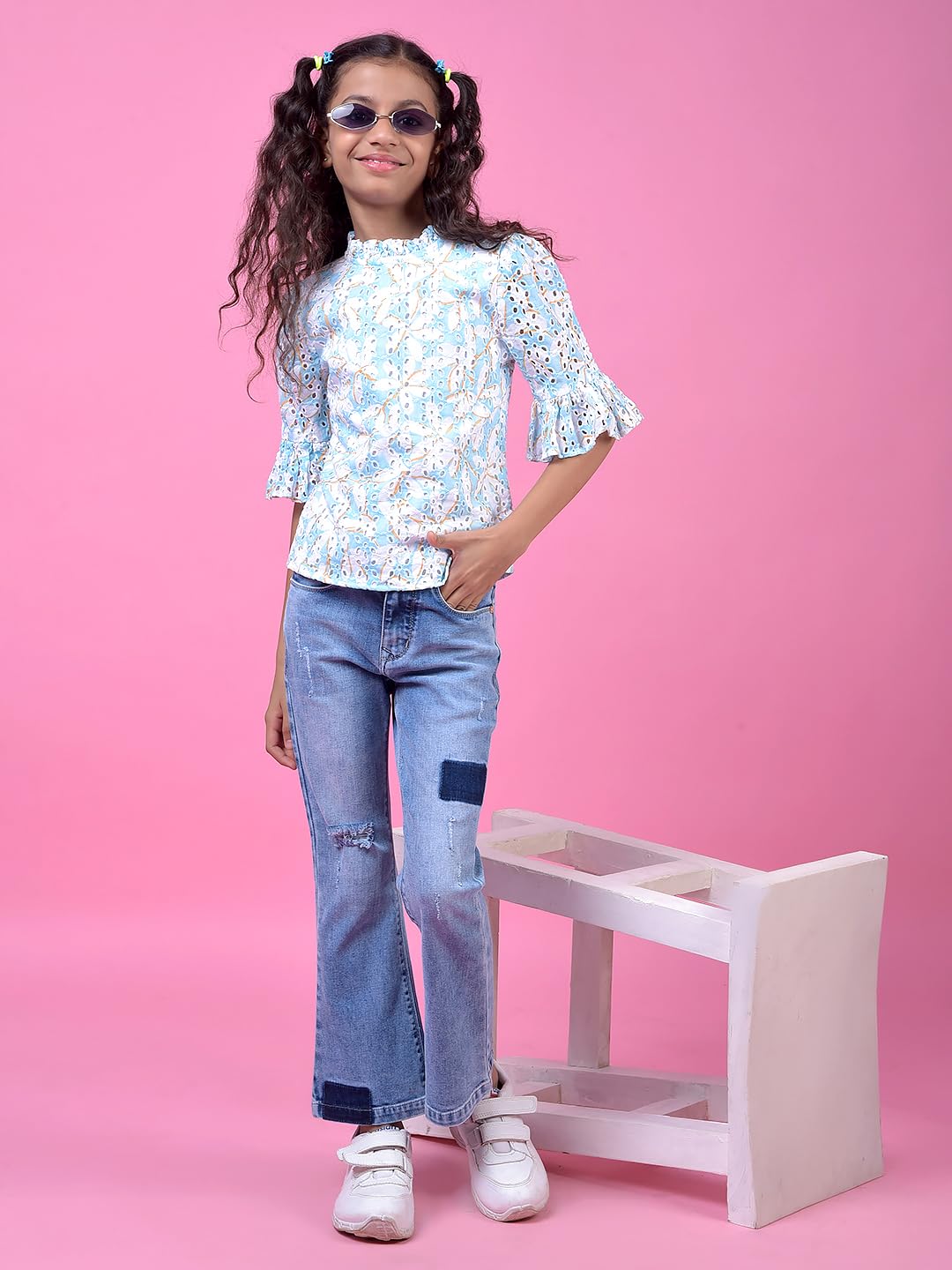 Crimsoune Club Girl's Blue Floral Print 100% Cotton Semi-Sheer Top (13-14Y) 2