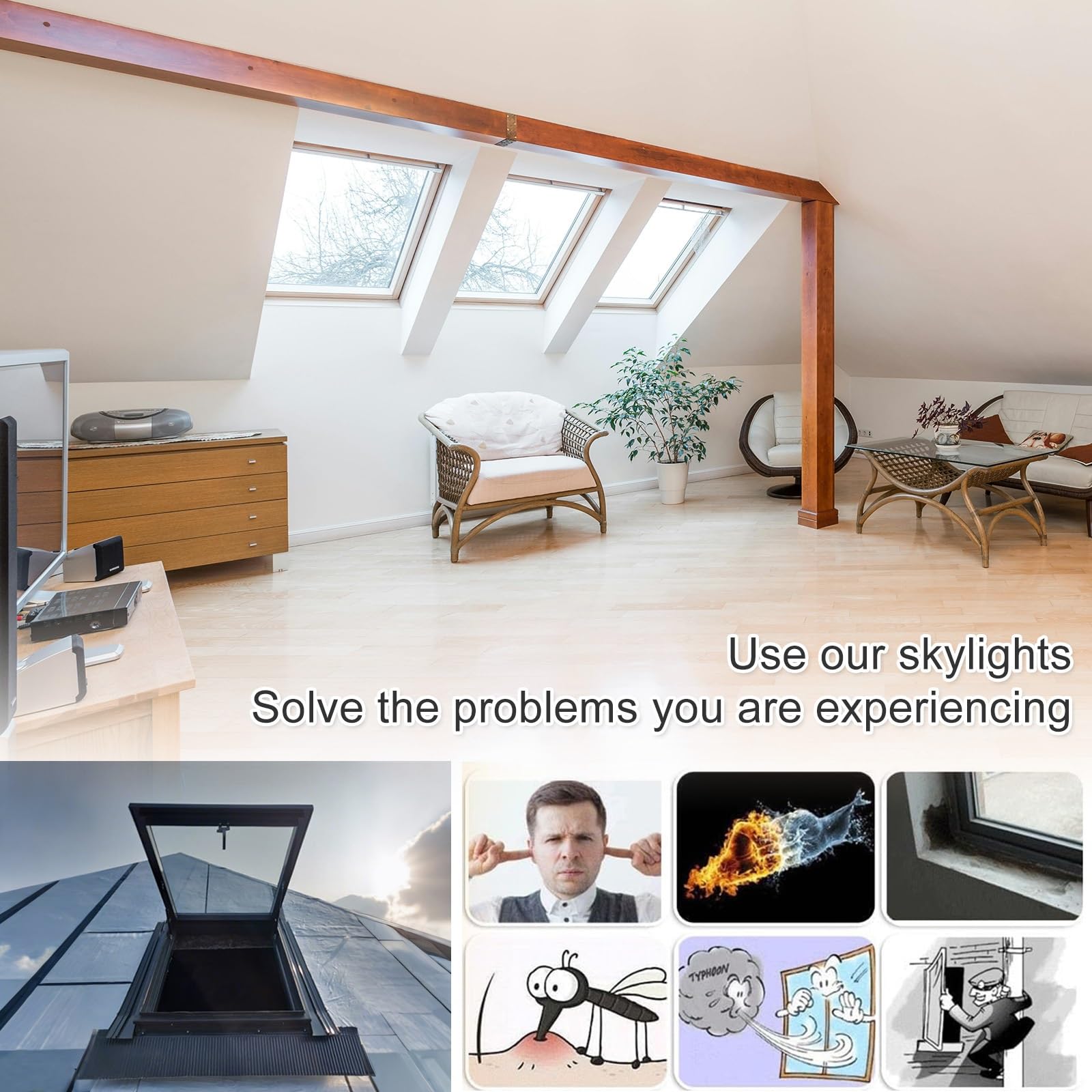 Ventana Skylight - Reemplazo de ventanas de tejado para casas - Ventana de sótano altamente sellada con drenaje - Escotilla de techo con ventana manual para ático/sala de sol(45°,LxW 95x60cm/37.4x23.6