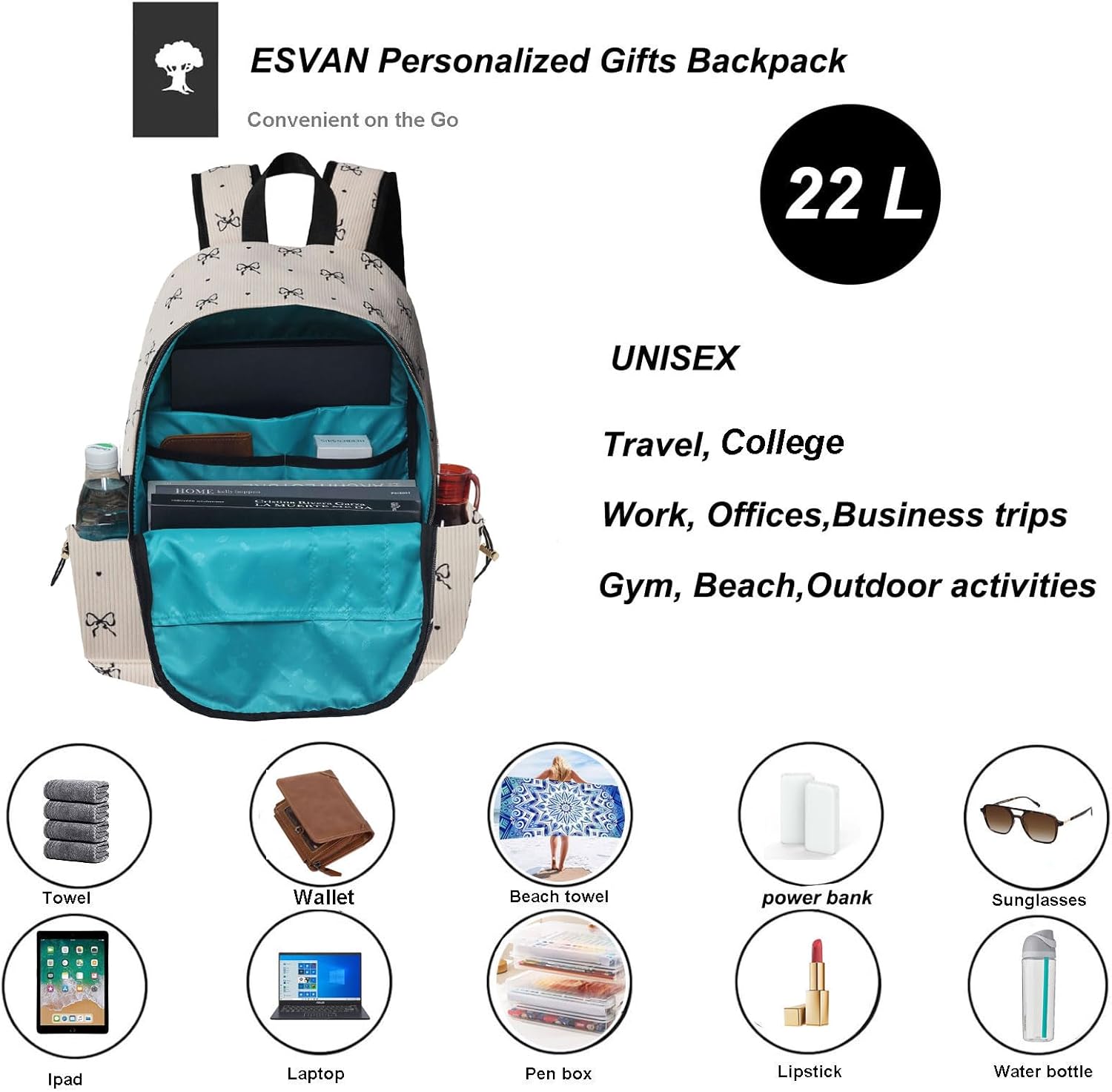 ESVAN Corduroy Backpack Lightweight Fashion 17 inch Laptop Bag for Women Casual College (Corduroy bow)