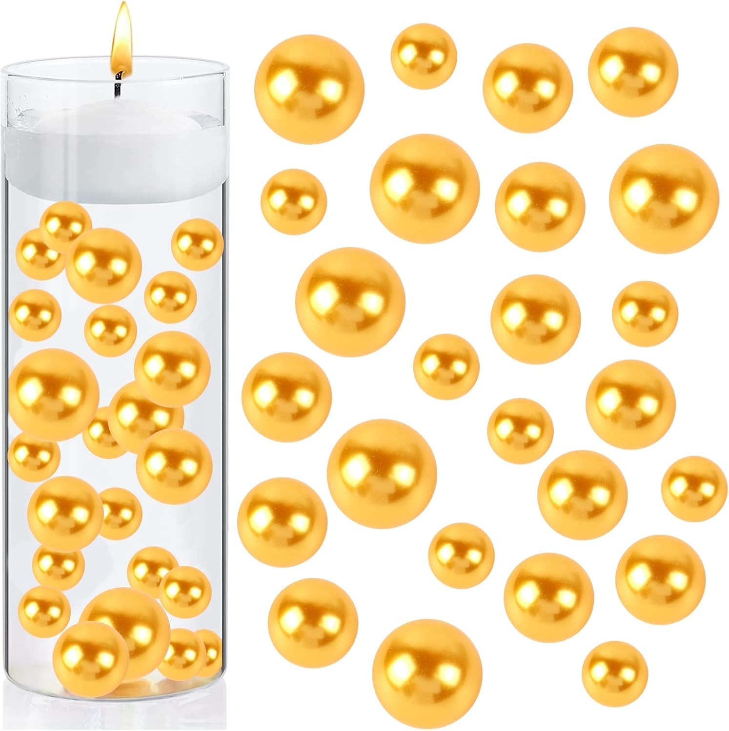 150 Perle Finte Galleggianti Senza Foro – Misure Miste 8/14/20 Mm, Colore Giallo Dorato Lucido, Per Vasi E Decorazioni