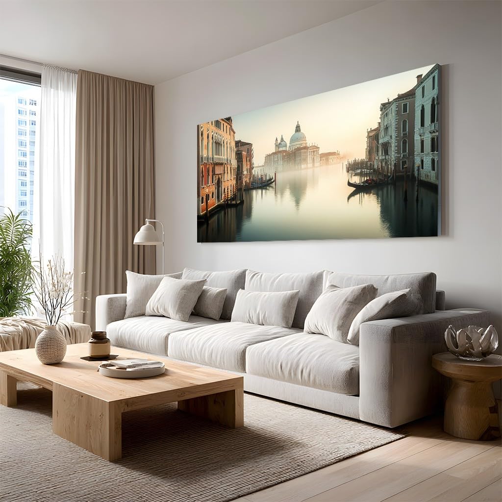 Generisch Leinwandbilder Modern Venedig Wandbild mit Rahmen Romantisch | Fluss Leinwand 60x120 cm, Retro Architektur Modern Wanddeko für Wohnzimmer Schlafzimmer Esszimmer Zimmer