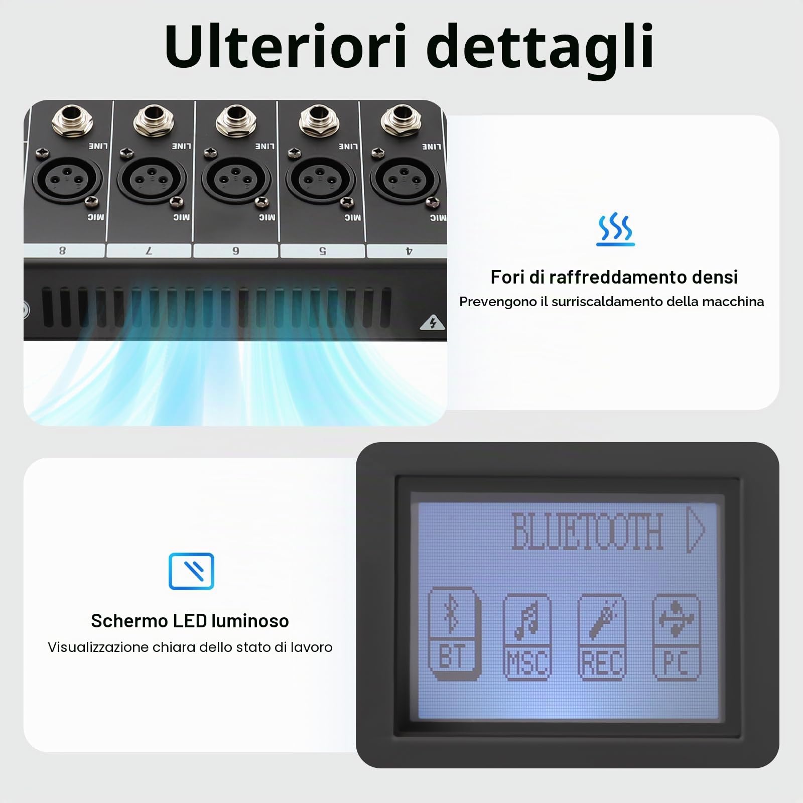 Mixer professionale a 8 canali, mixer audio, mixer audio professionale a 8 canali, mixer con Bluetooth, indicatore LED, alimentazione phantom da 48 V, alloggiamento in metallo, colore nero