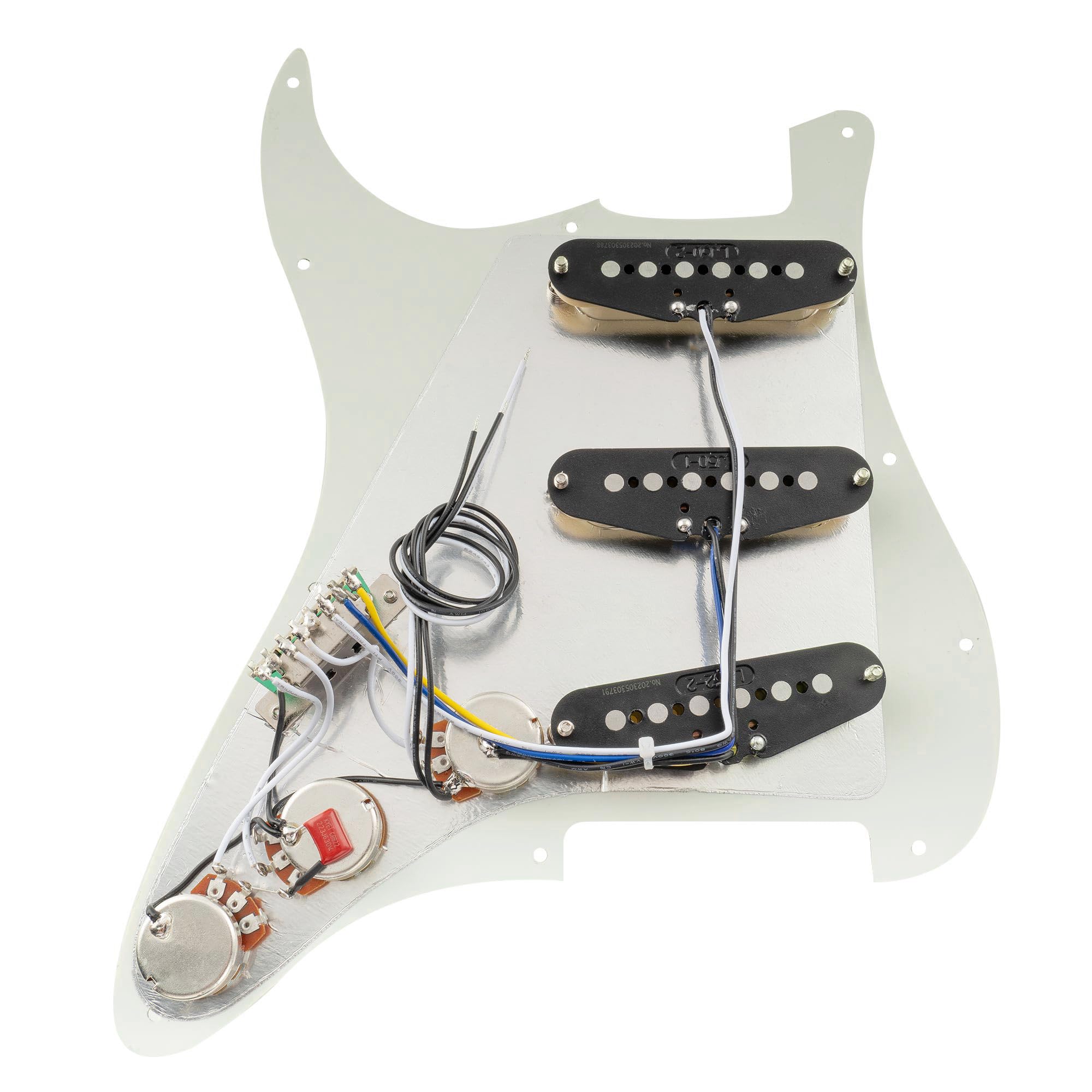 Musiclily Pro SE Pre-wired Standard SSS Pickguard with Staggered Alnico 5 Magnet Single Coil Pickups for ST Style Electric Guitar 3ply Aged White - Image 4