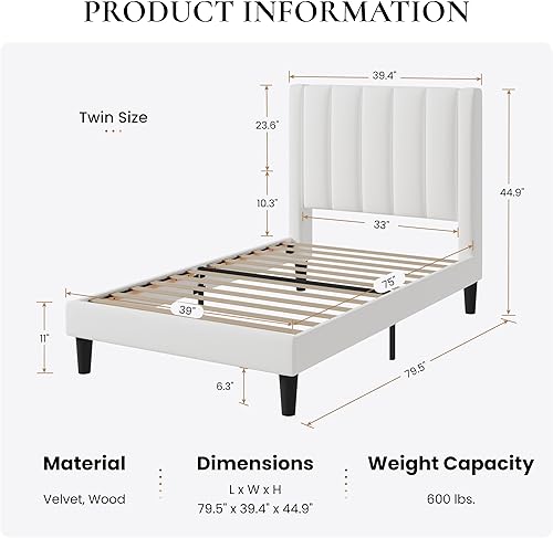 Miniatura 10 de SHA CERLIN Marco de cama matrimonialplataforma tapizada de terciopelo con cabecero, soporte de listones de madera resistente, base de colchón, no
