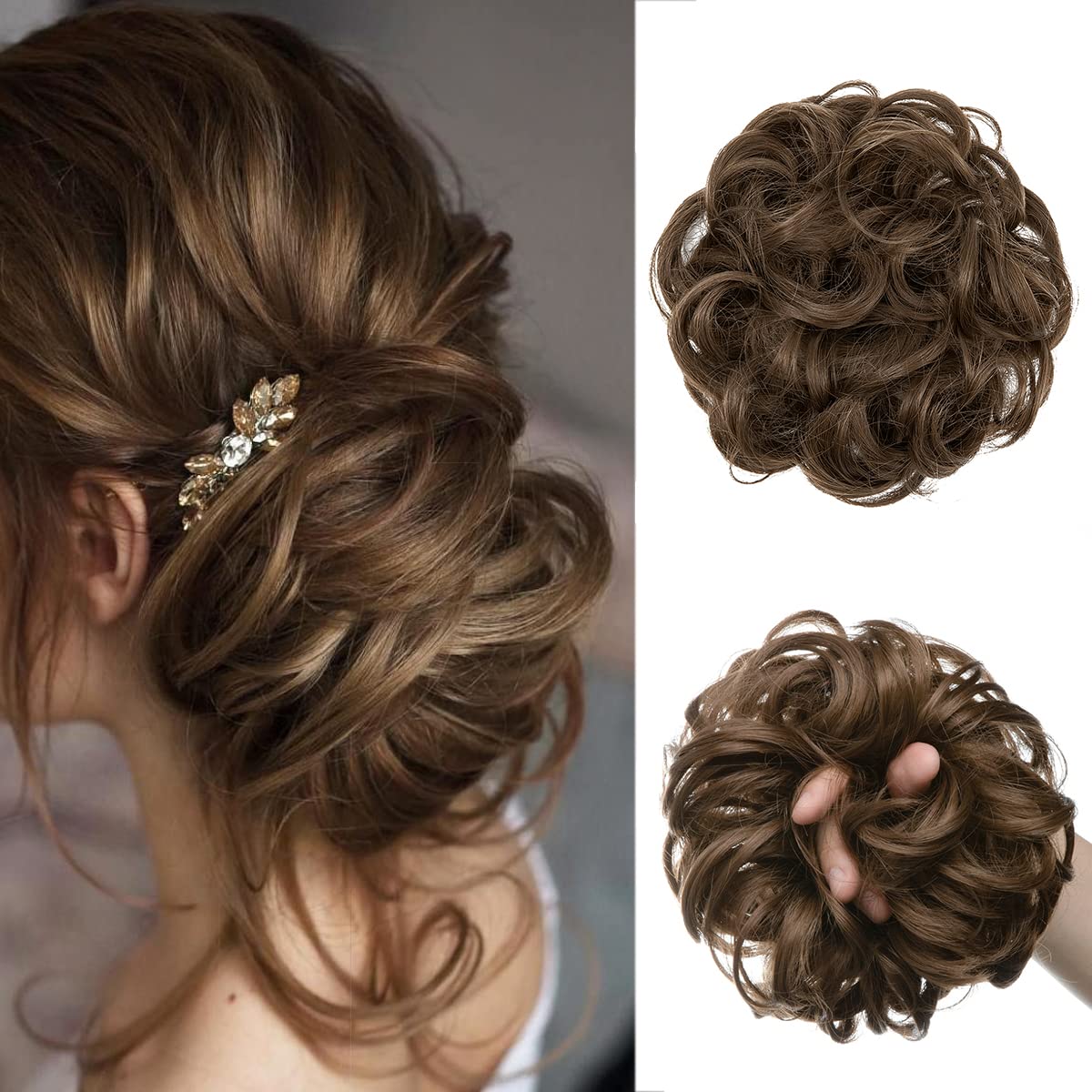 JJstar Haarteil Mit Gummiband, Groß Dutt Haarteil Gelockt Haargummi Mit Haaren Hochsteckfrisuren Haarverlängerung Messy Bun Haarteile für Damen Mädchen Pferdeschwanz (Mittleres Aschbraun)