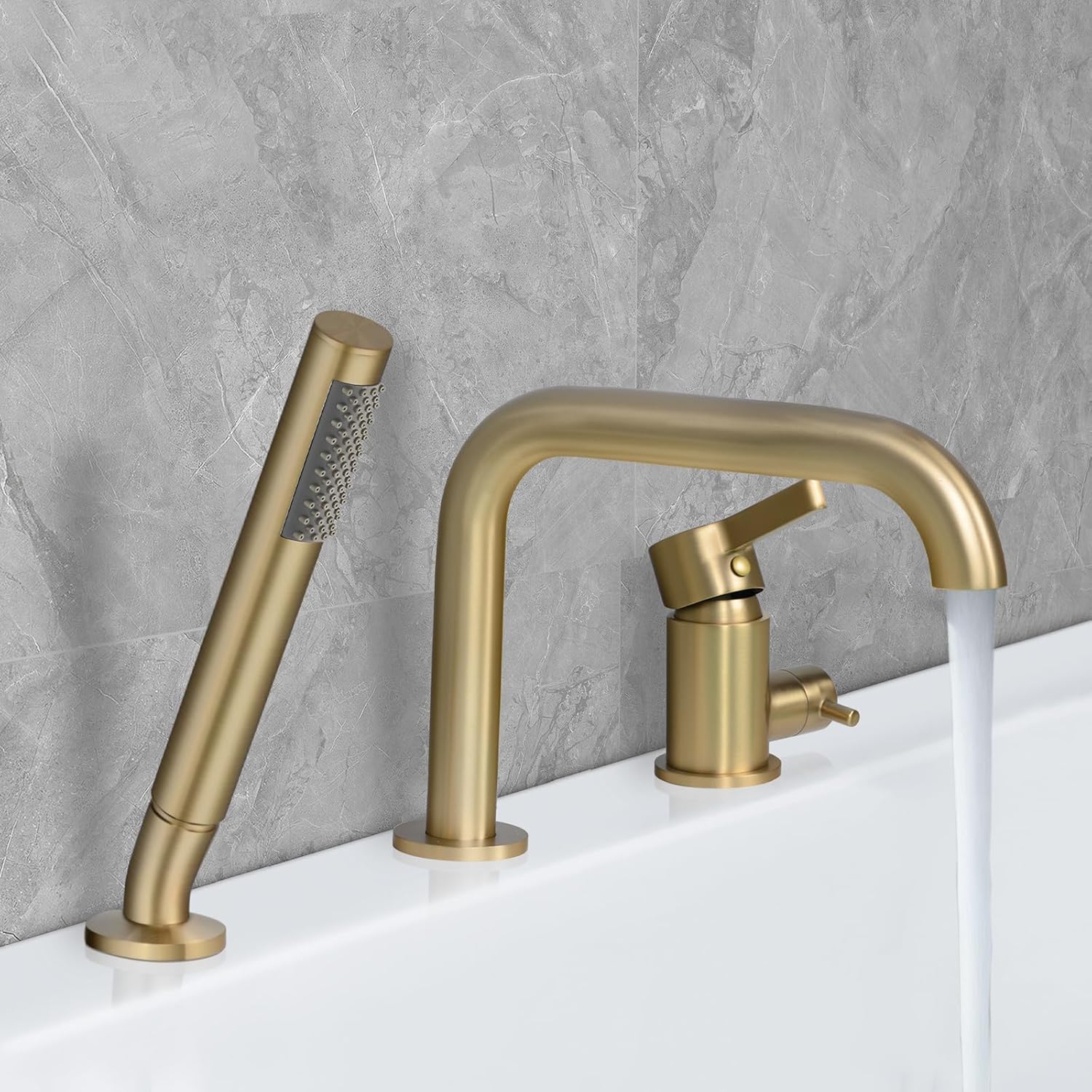 Gold Roman Tub Faucet With Sprayer,Deck Mount Tub Faucet With Sprayer,High Flow 3-Holes Single-Handle Widespread Brass Rotatable Bathtub Filler With Hand Shower Brushed Gold,5Y4MK