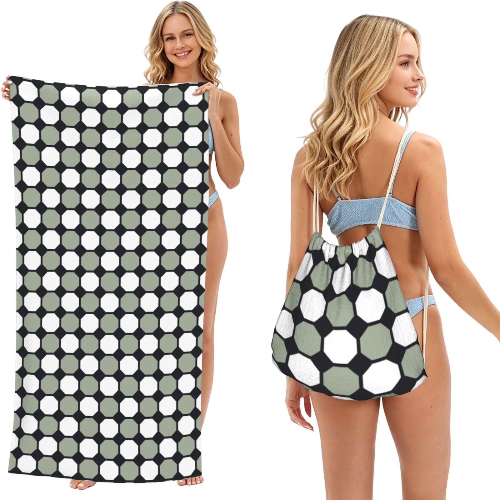 Poadnly As Picture Seamless Octagonal Patterns, 2 In 1 Packable Towel Bag, Beach Towels With Drawstring Backpack For Travel Holiday Camping