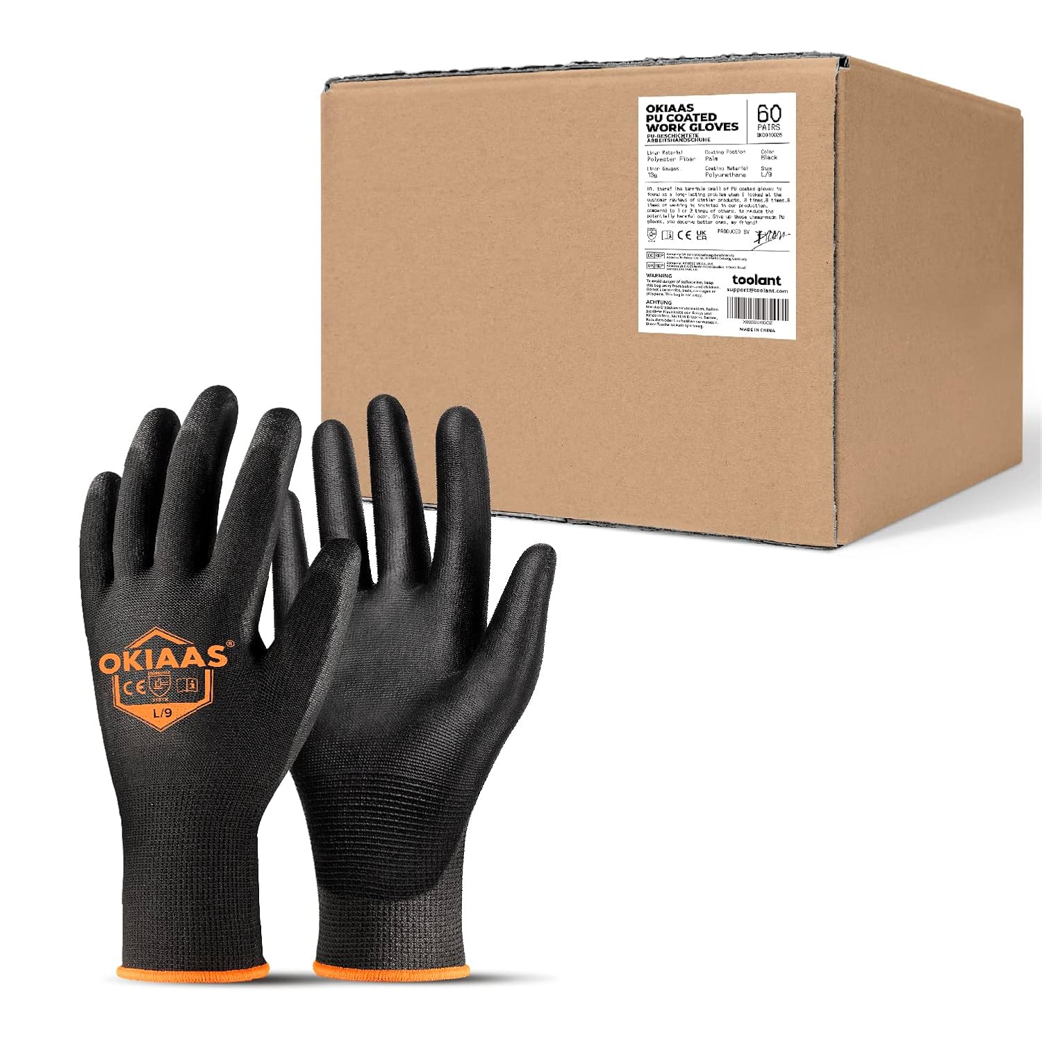 OKIAAS Work Gloves for Men?Ultra Thin and Lightweight Working Gloves with Grip, Bulk Case of 60 Pairs Construction Gloves with Polyurethane Coating, Safety Gloves for Light Duty Work (Black, Large) Large Black (60 Pairs)