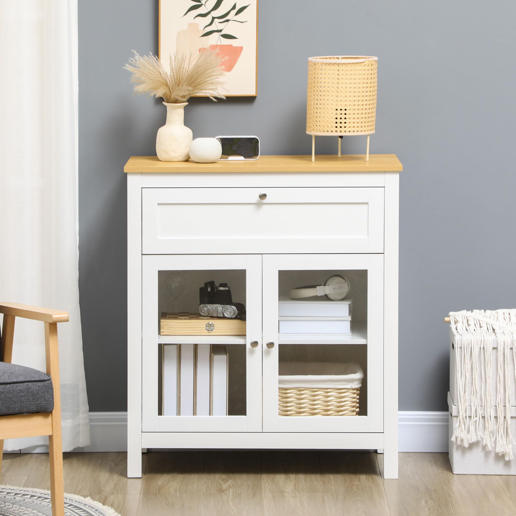 HOMCOM Aparador de Cocina Moderno Mueble Buffet Auxiliar con Cajón Estante Ajustable y 2 Puertas de Vidrio Armario de Almacenamiento para Salón Comedor 80x40x90 cm Blanco