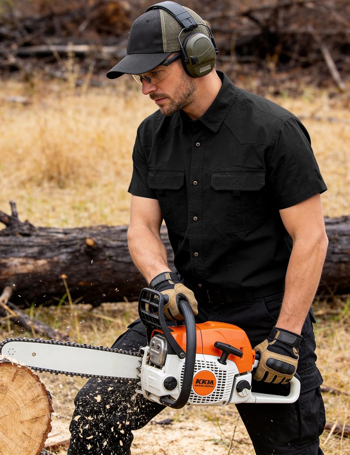 Flygo Work Shirts for Men Short Sleeve Cotton Button up Western Cowboy Cargo Utility Shirt Classic Work Wear